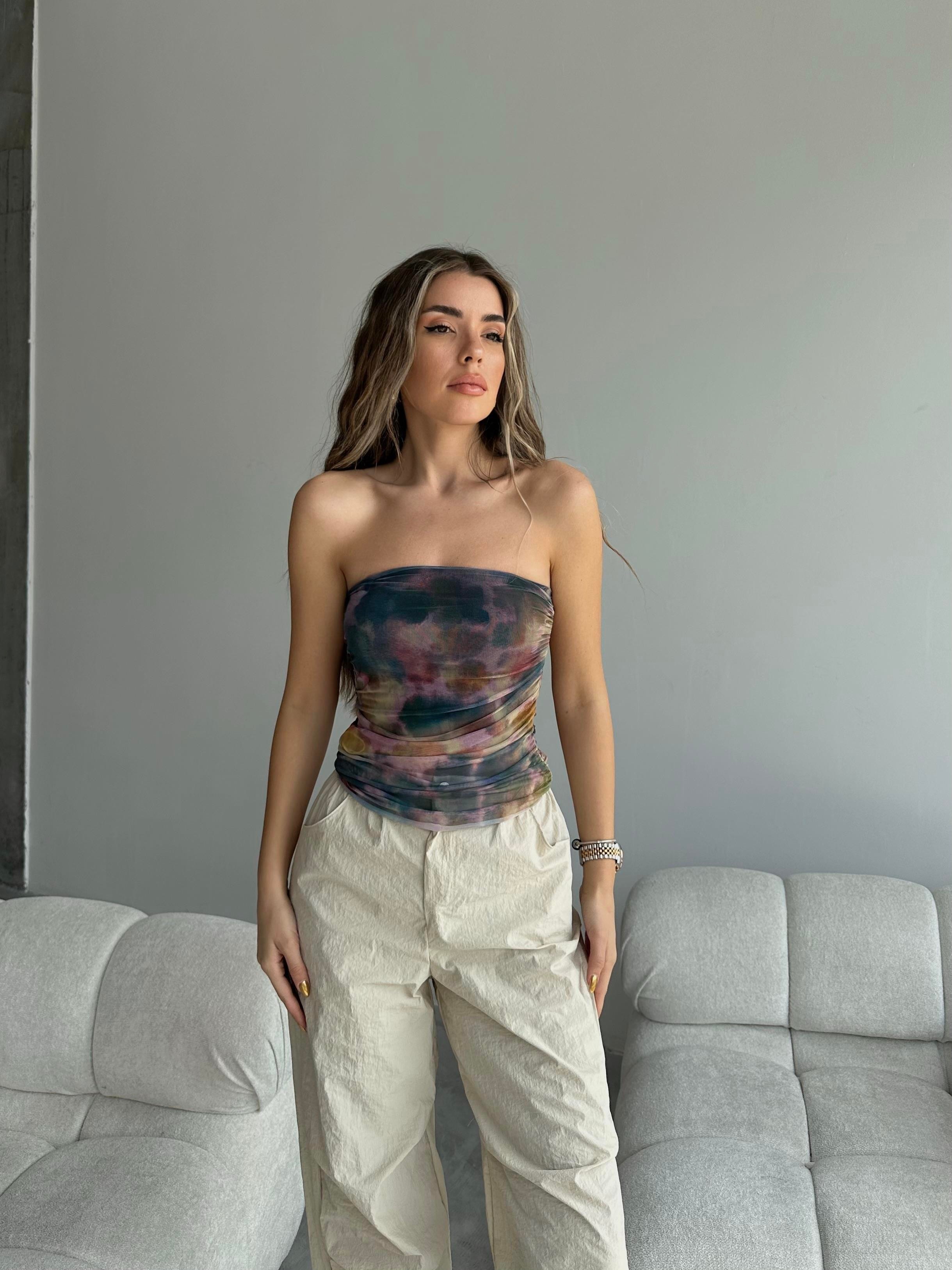 Amora Batik Straplez Büzgülü Crop Ebruli