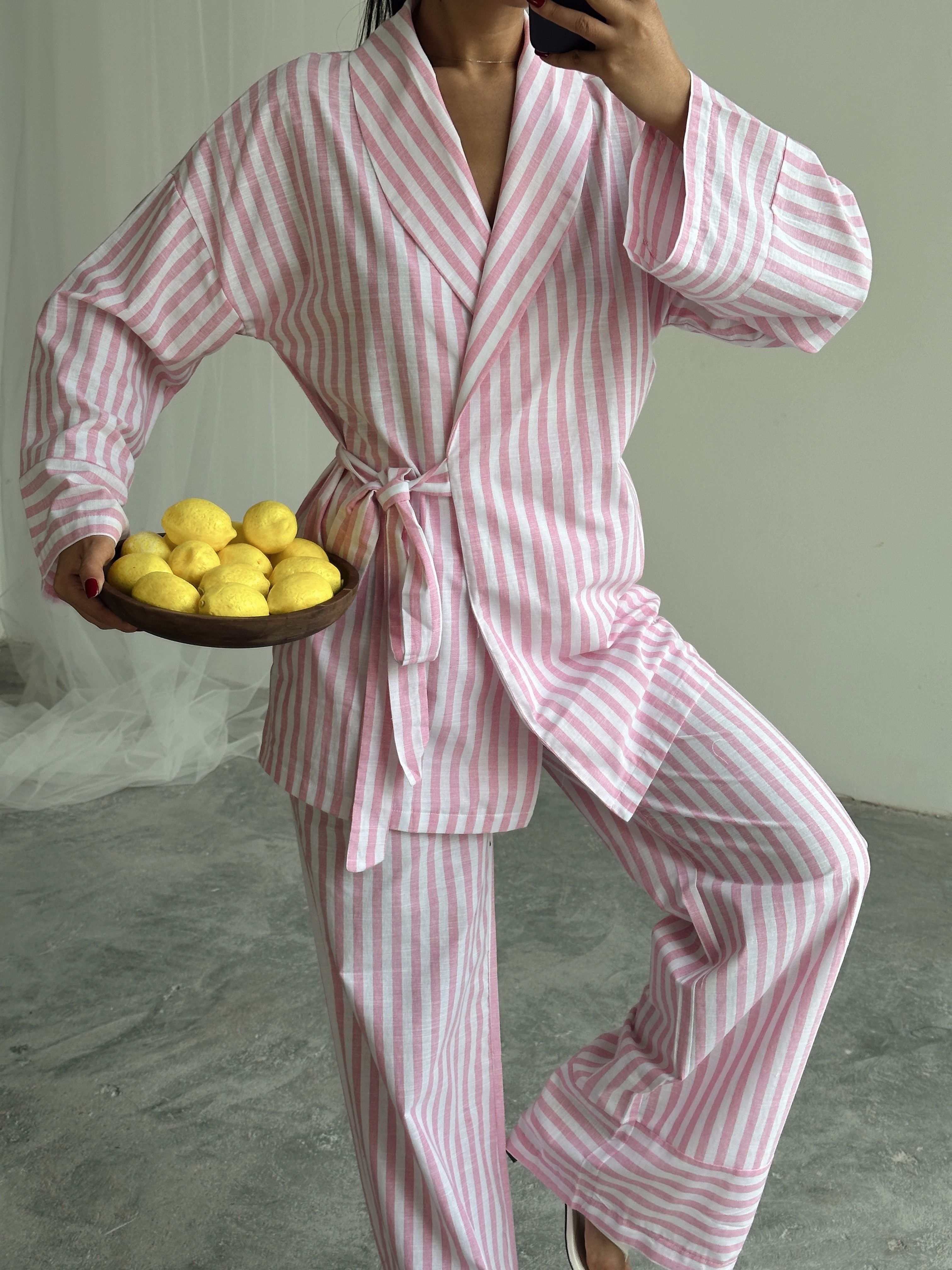 Çizgili Kimono Takım  - Pembe