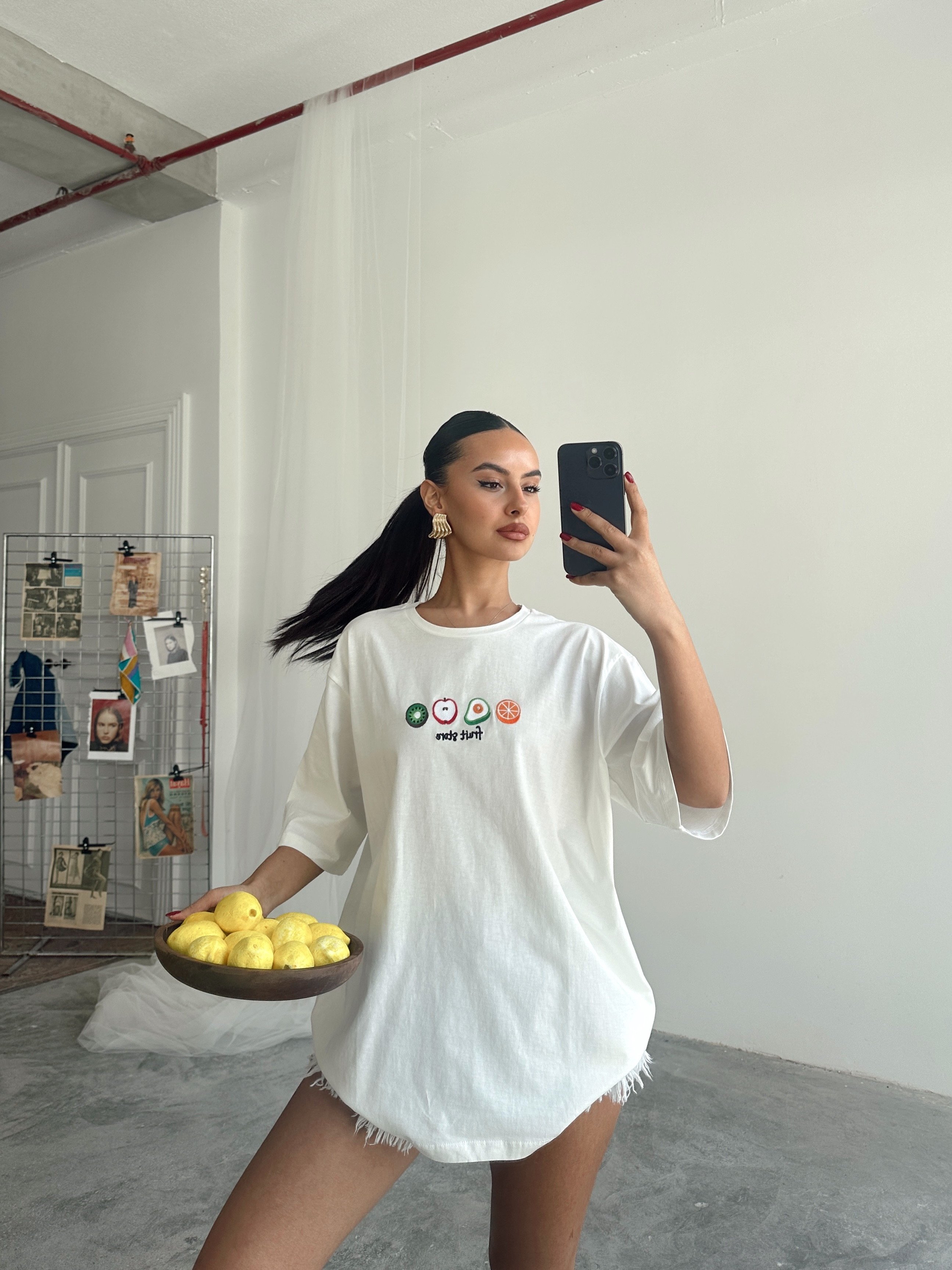 Fruit Nakış Basic T-shirt Beyaz