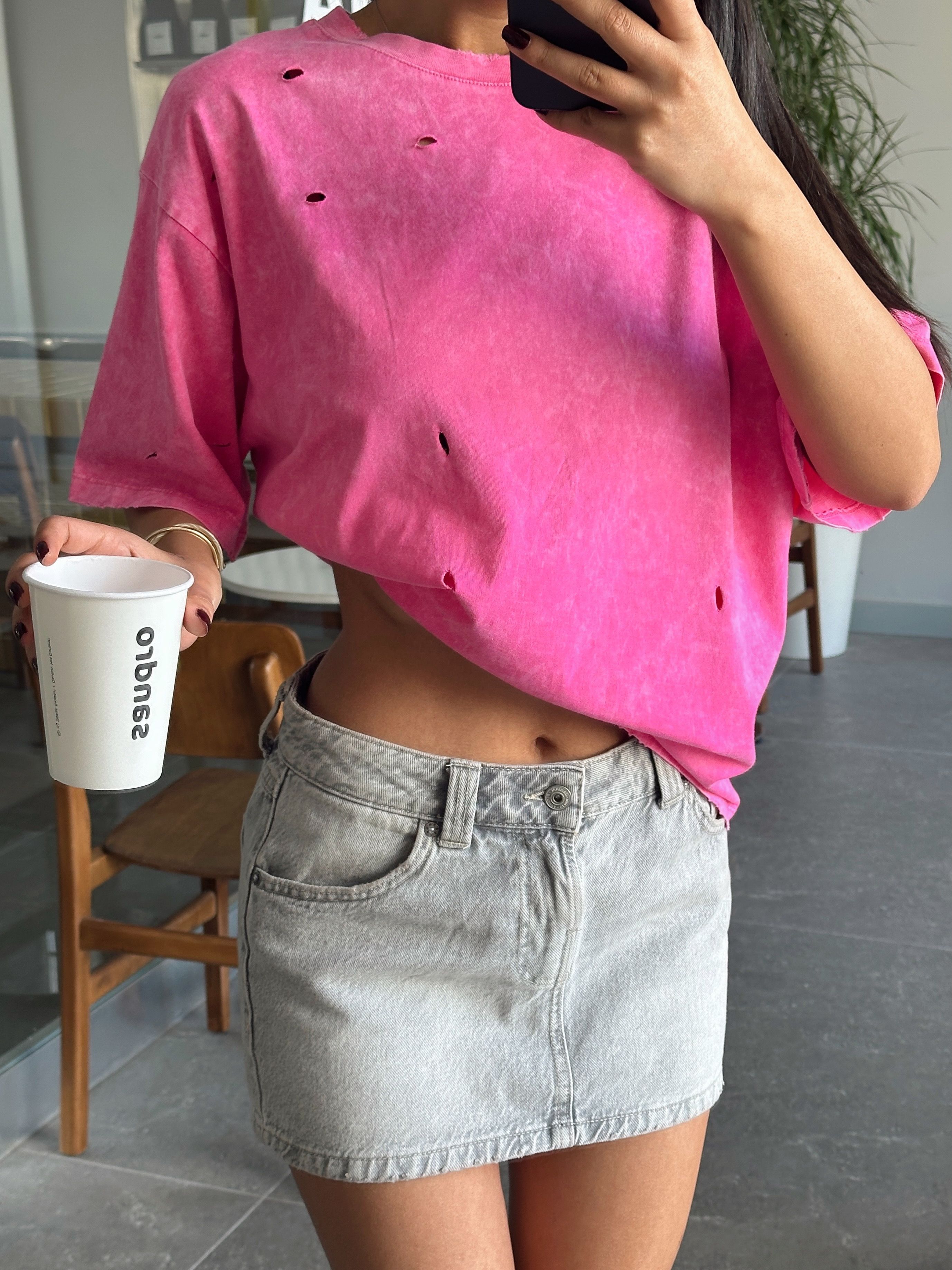 Delikli Yıkama T-shirt - Pembe