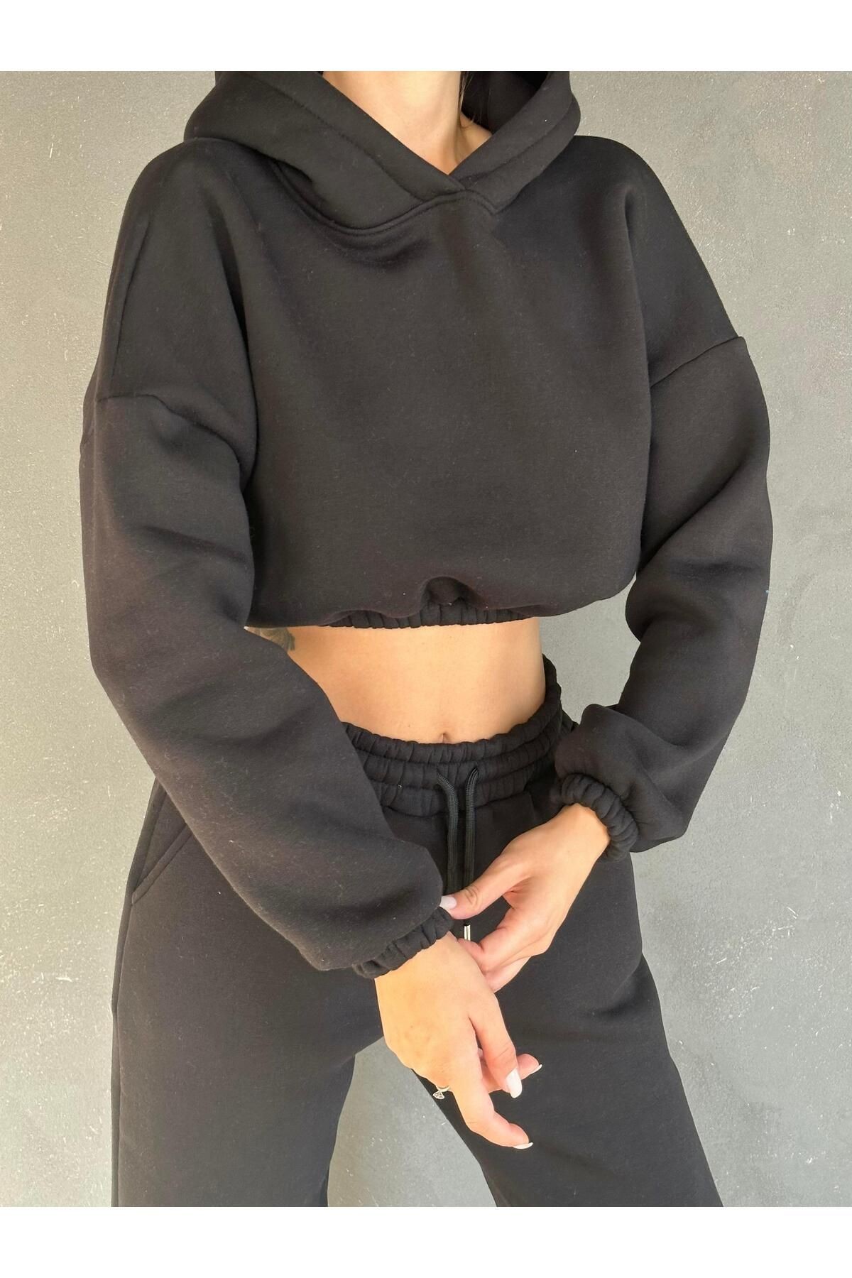 Kapüşonlu Crop Sweat Jogger Eşofman Takım Siyah