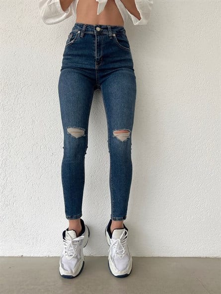 Diz Yırtık Yüksek Bel Skinny Jean Lacivert