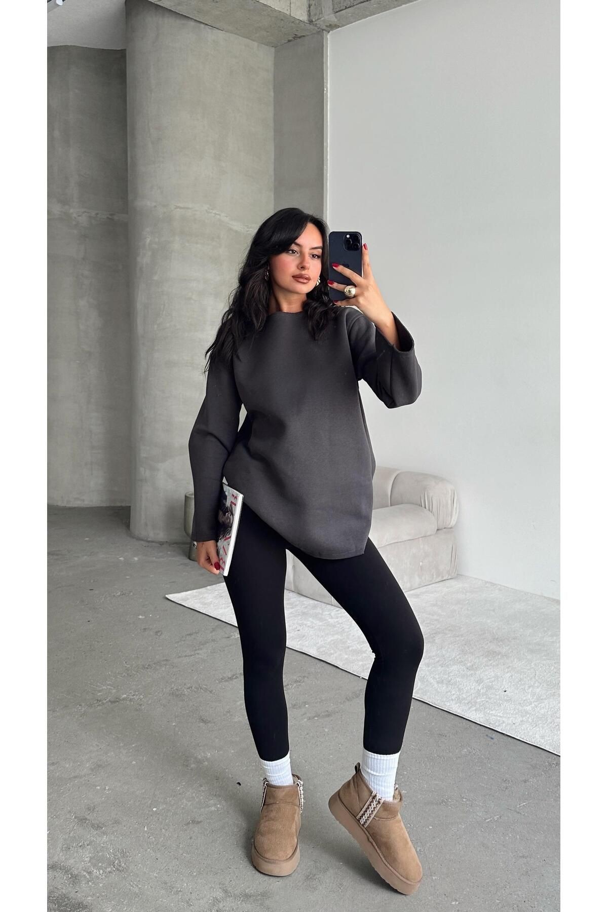 Şardonlu Basic Sweatshırt Füme