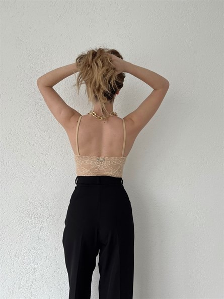 Sırt Dantel Detay Askılı Crop Bej