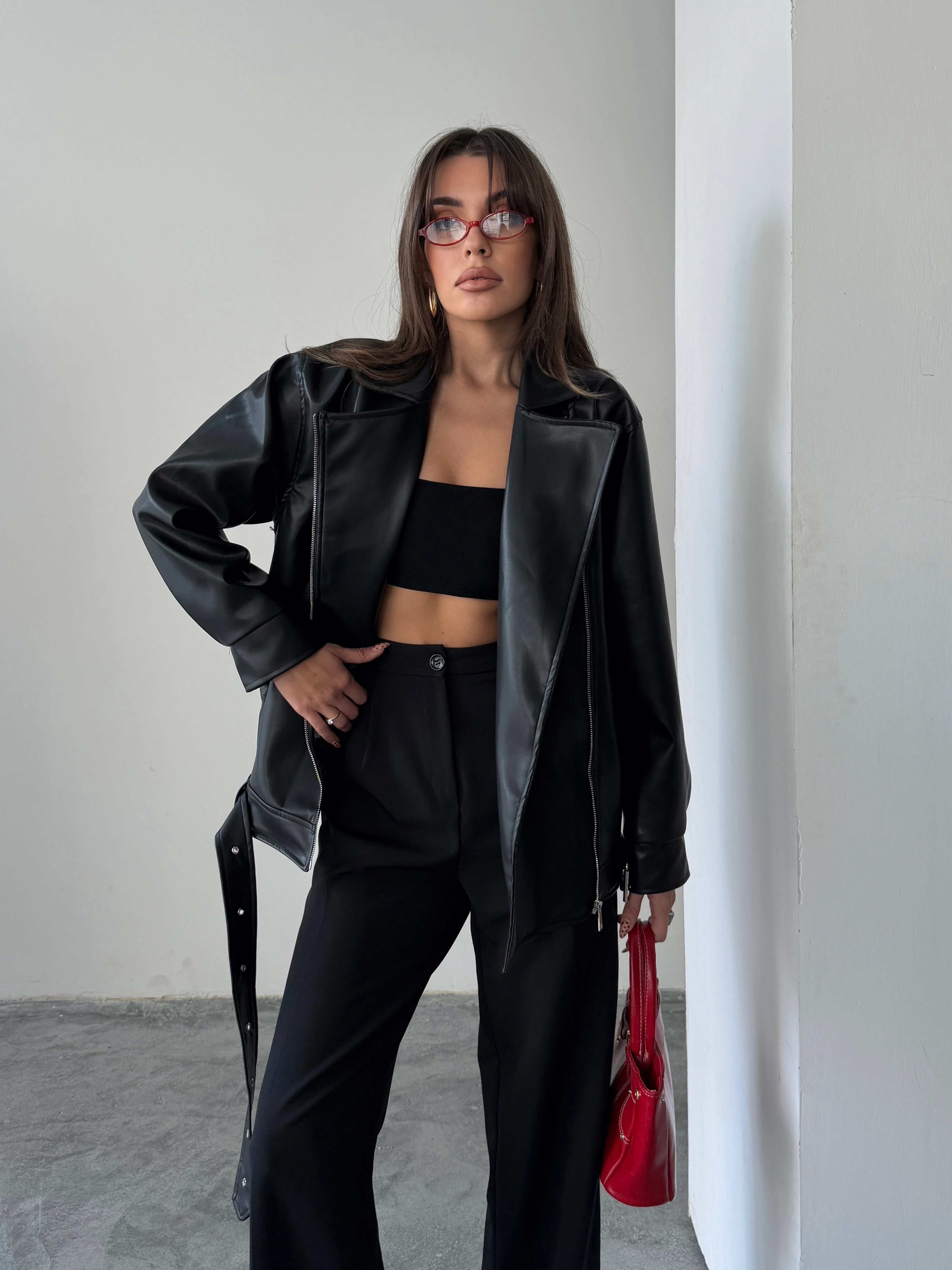 Kemerli Oversize Deri Ceket 