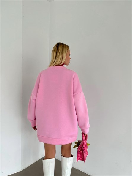 Organic Süzene Nakış Oversize Sweatshirt Pembe