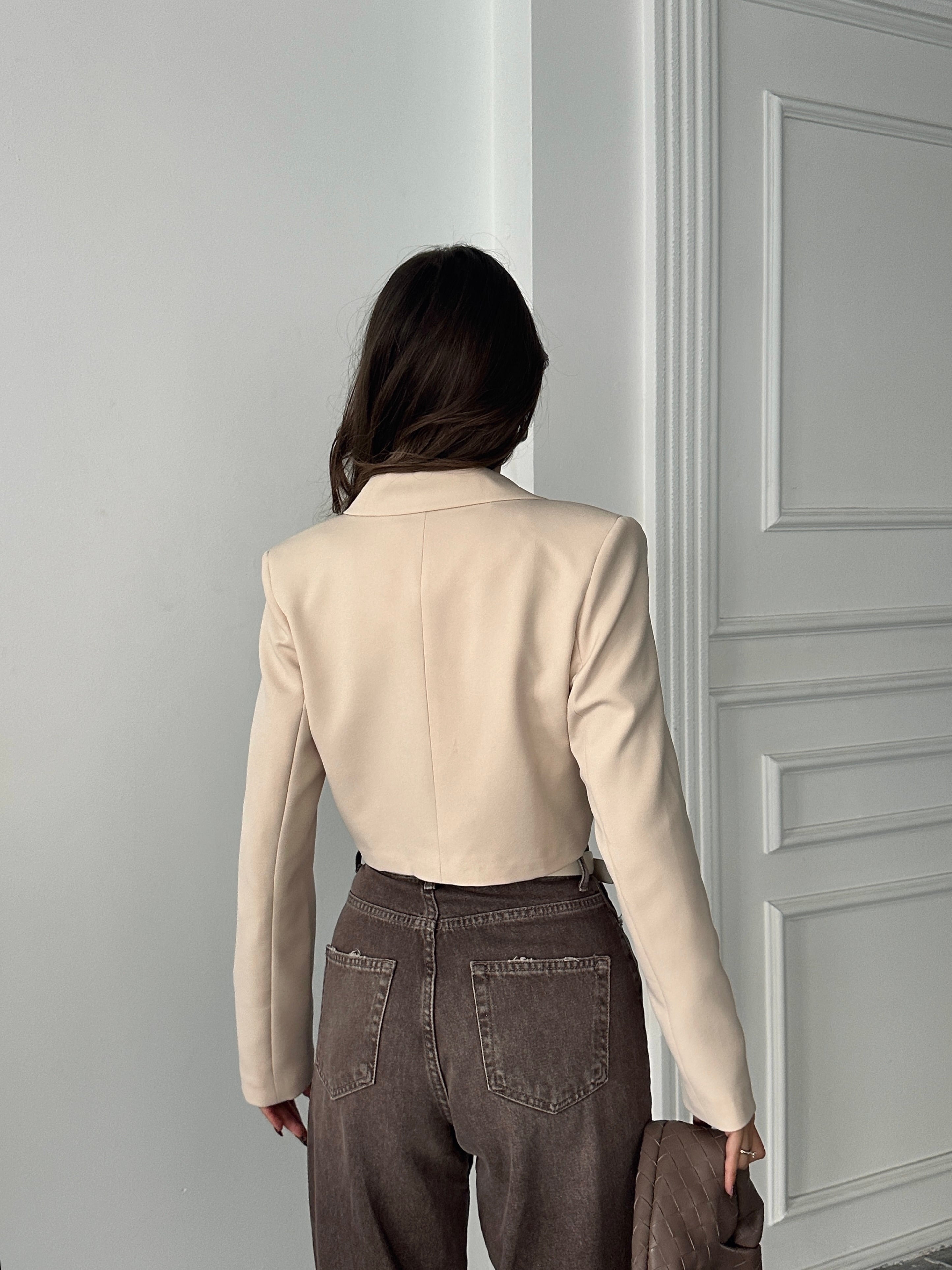 Çift Düğme Crop Blazer Ceket Bej
