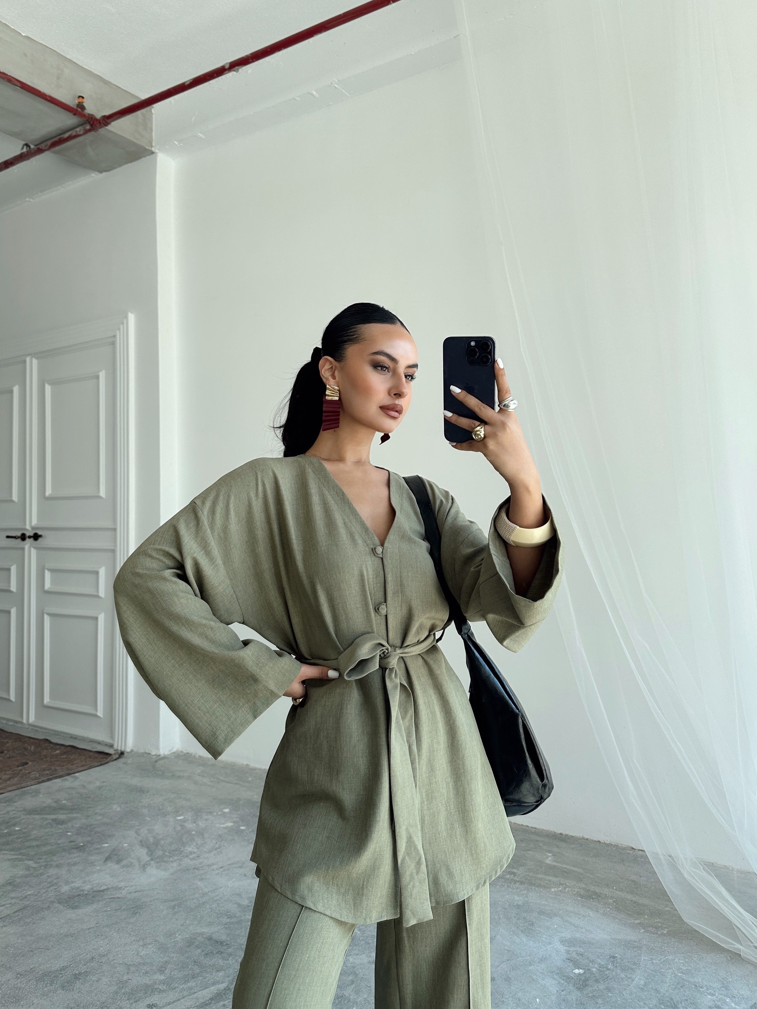 Düğme Detay Kuşaklı Kimono Takım - Haki Yeşil