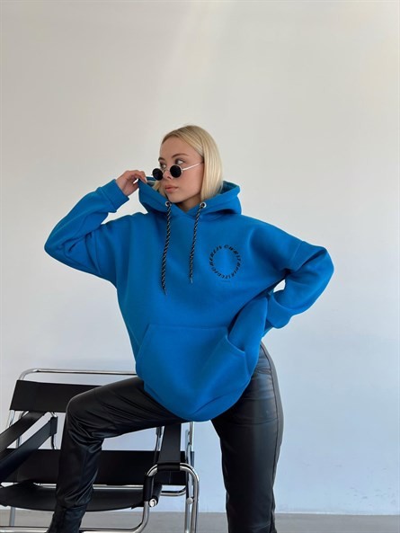 Berlin Sırt Yazı Detay 3 İplik Oversize Sweatshirt Mavi