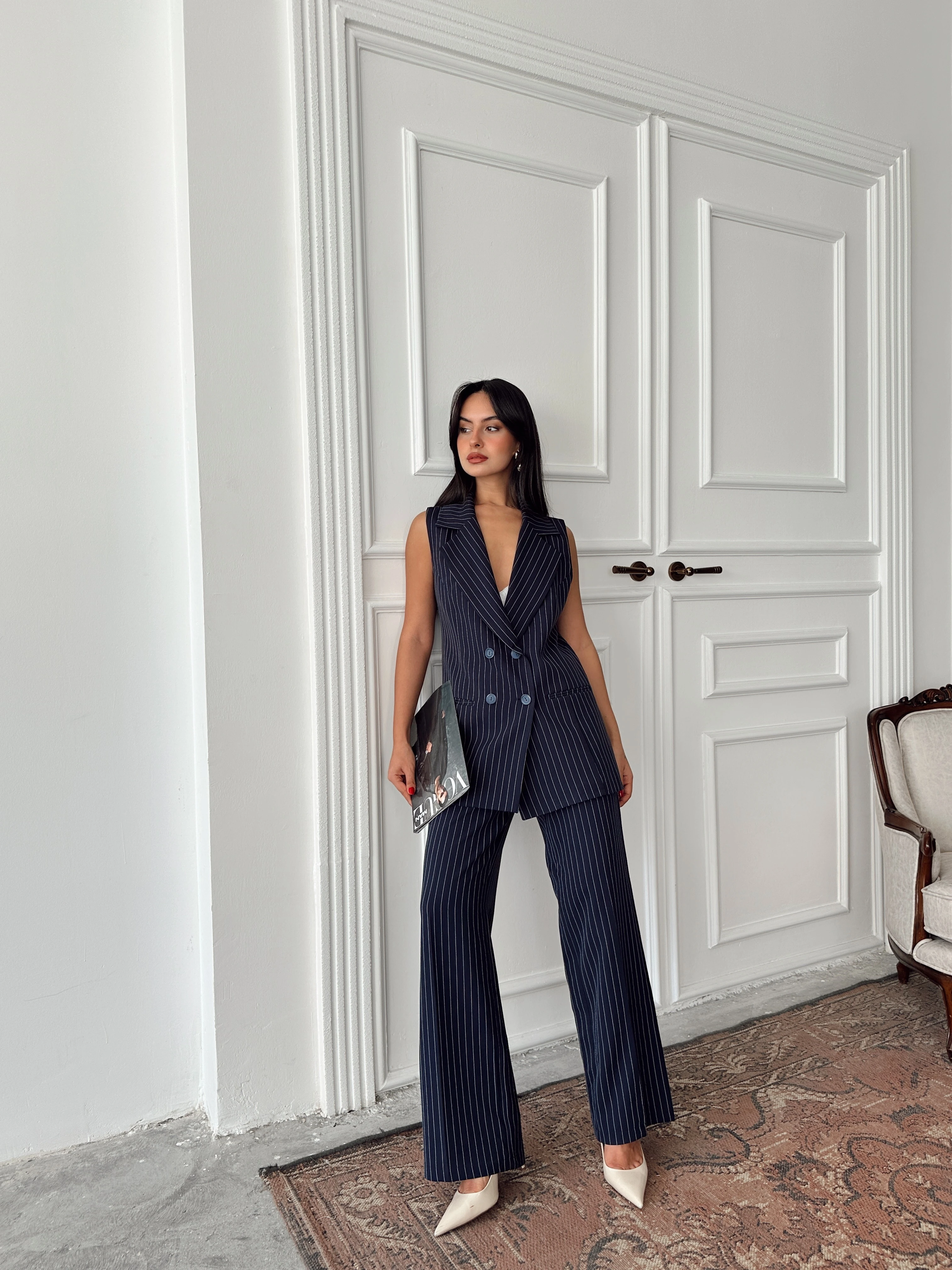 Ceket Yaka Line Yelek - Lacivert