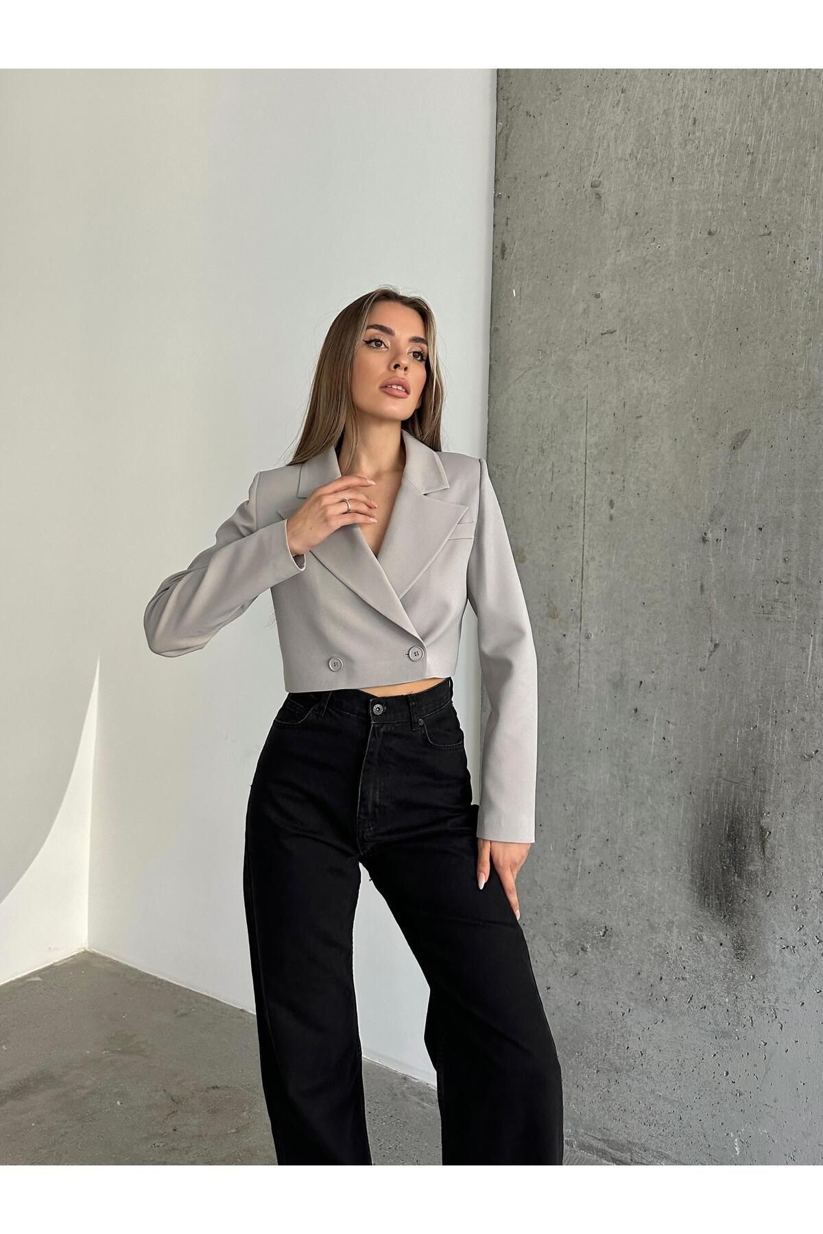 Çift Düğme Crop Blazer Ceket Gri