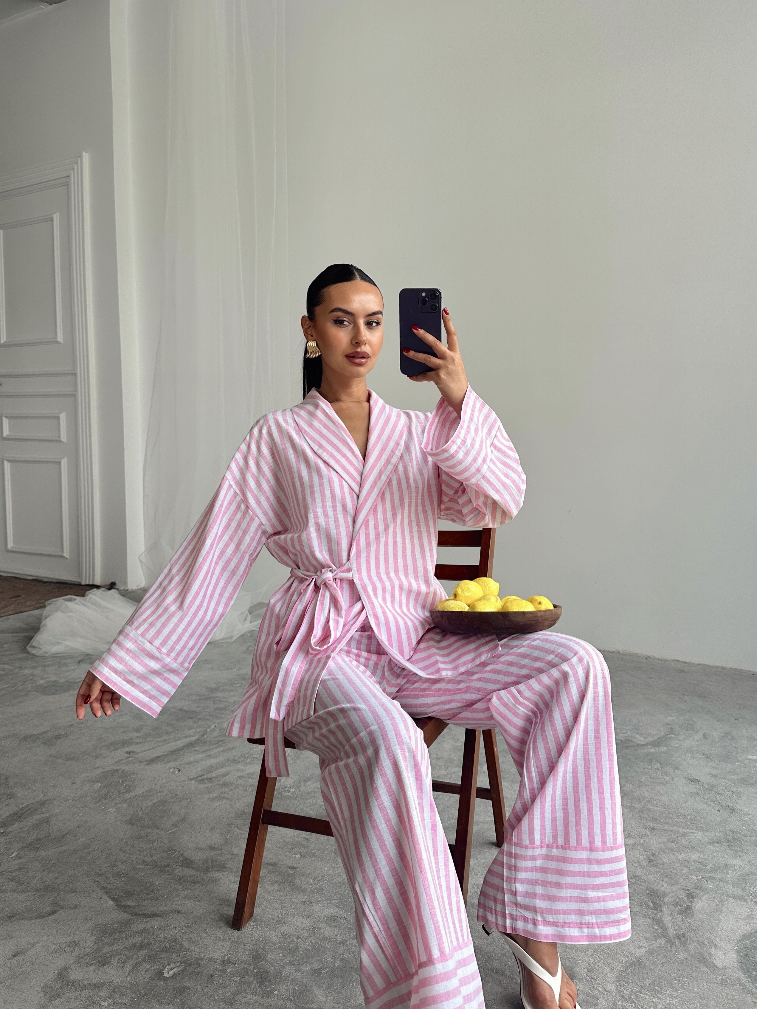 Çizgili Kimono Takım  - Pembe