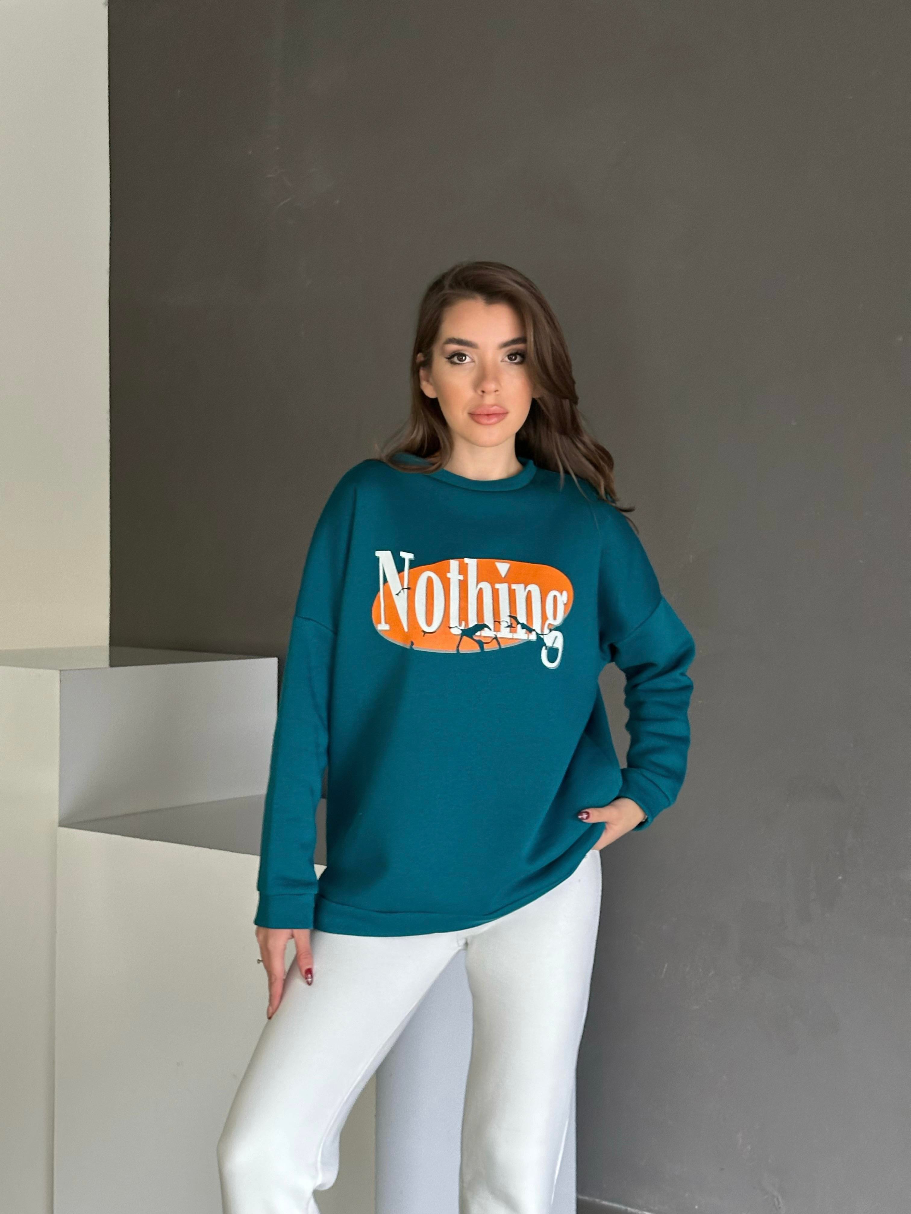 Nothing Baskı 3 İplik Şardonlu Sweatshirt Petrol Mavisi