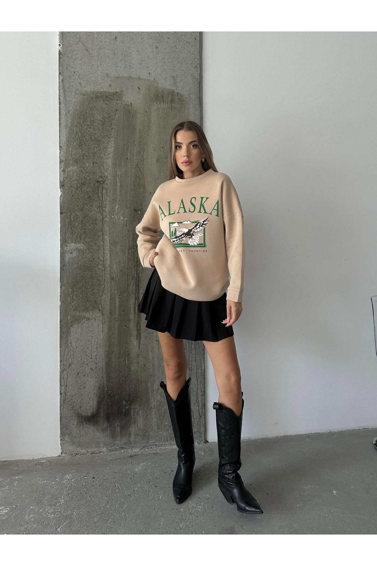 Alaska Üç İplik Şardonlu Oversize Sweat Vizon