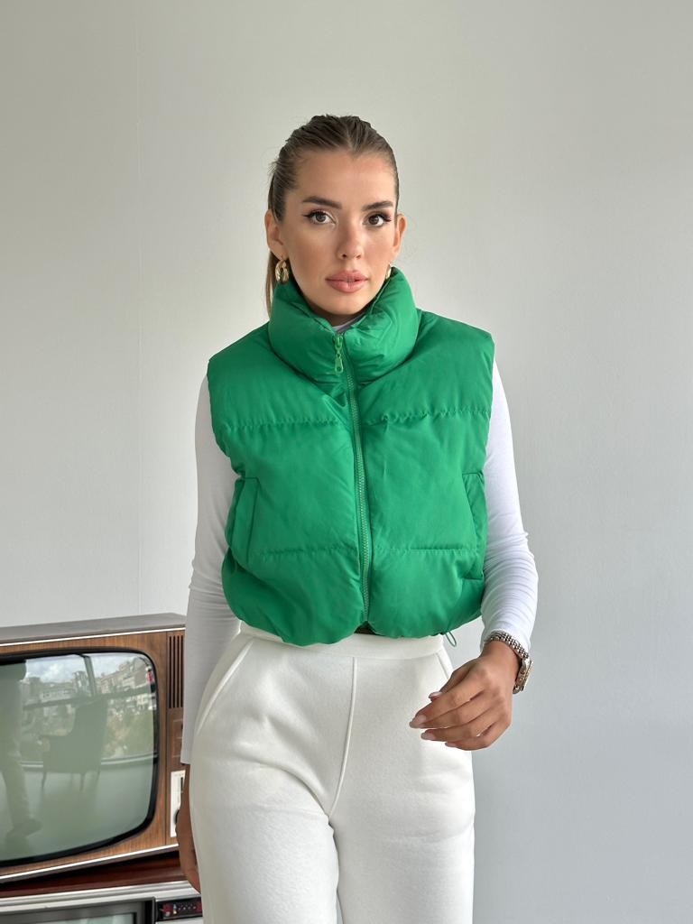 Yan Büzülebilir Crop Şişme Yelek Koyu Yeşil