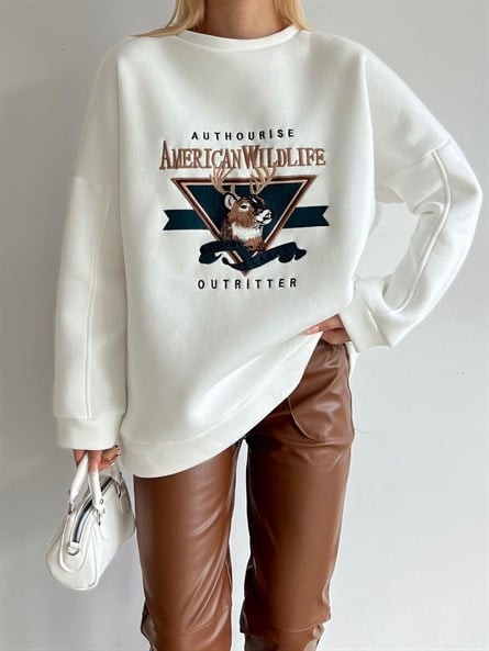 Nakışlı Oversize 3 İplik Sweat Beyaz