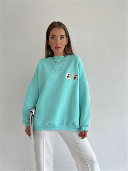 Twin Bear İşleme Oversize Sweatshirt Turkuaz