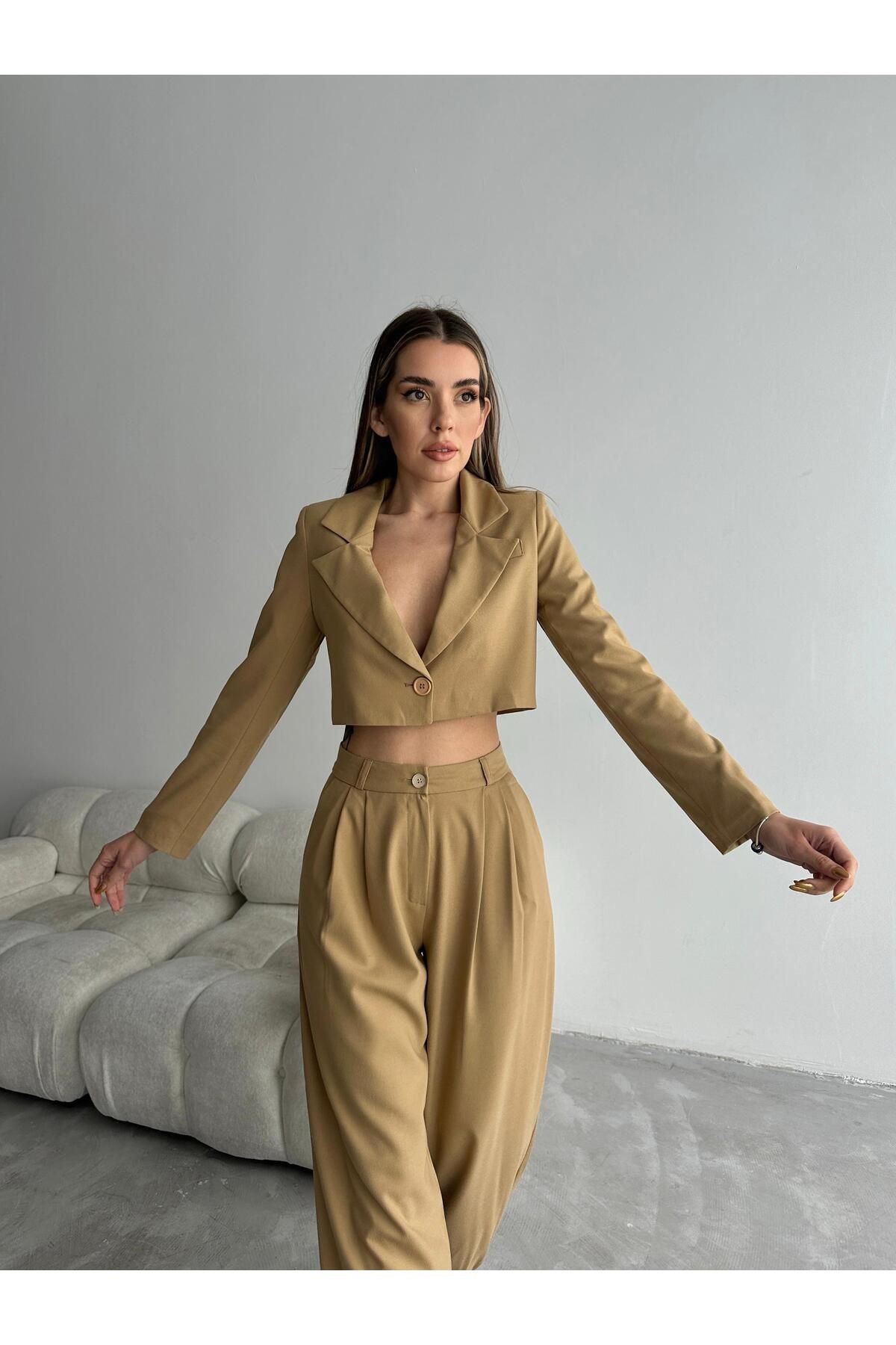 Tek Düğme Crop Blazer Vizon