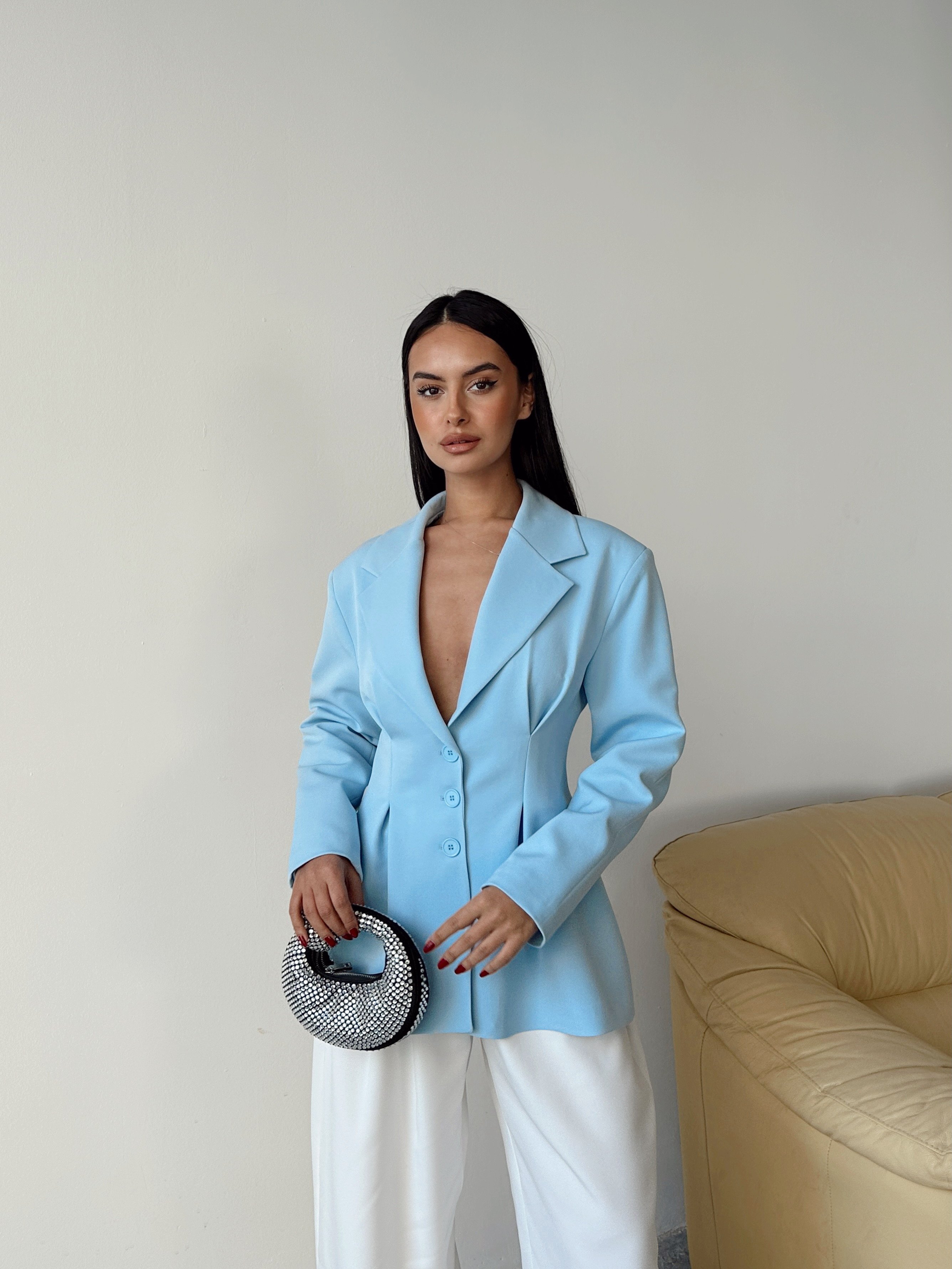 Pile Detay Oturtmalı Blazer Ceket  - Mavi