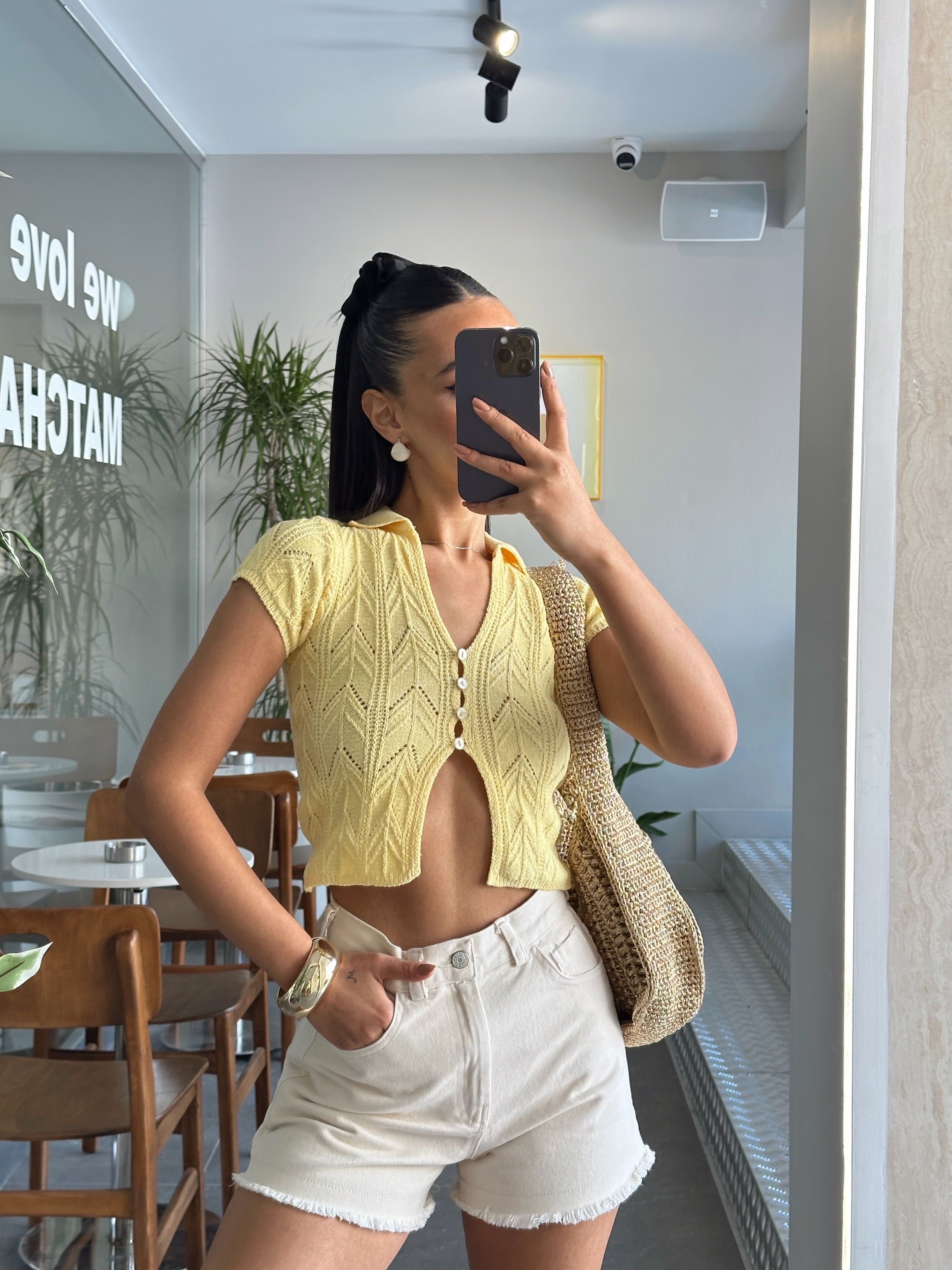 Polo Yaka Düğmeli Triko Bluz - Sarı