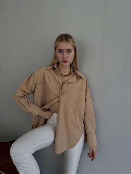 Sırt Yırtmaç Detay Oversize Poplin Gömlek Vizon