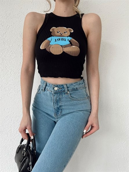Bear Halter Yaka Fitilli Crop Siyah