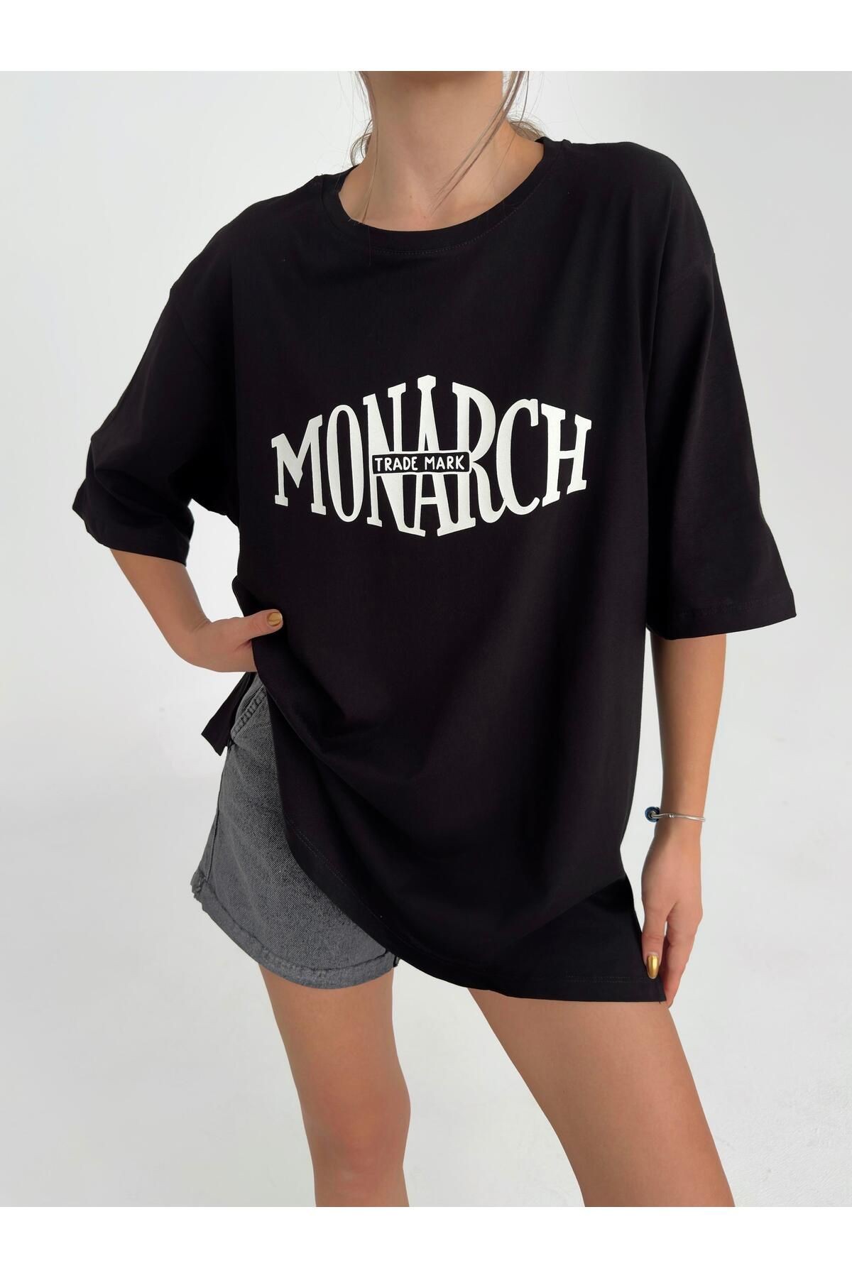 Yan Yırtmaç Oversize Monarch T-shirt Siyah