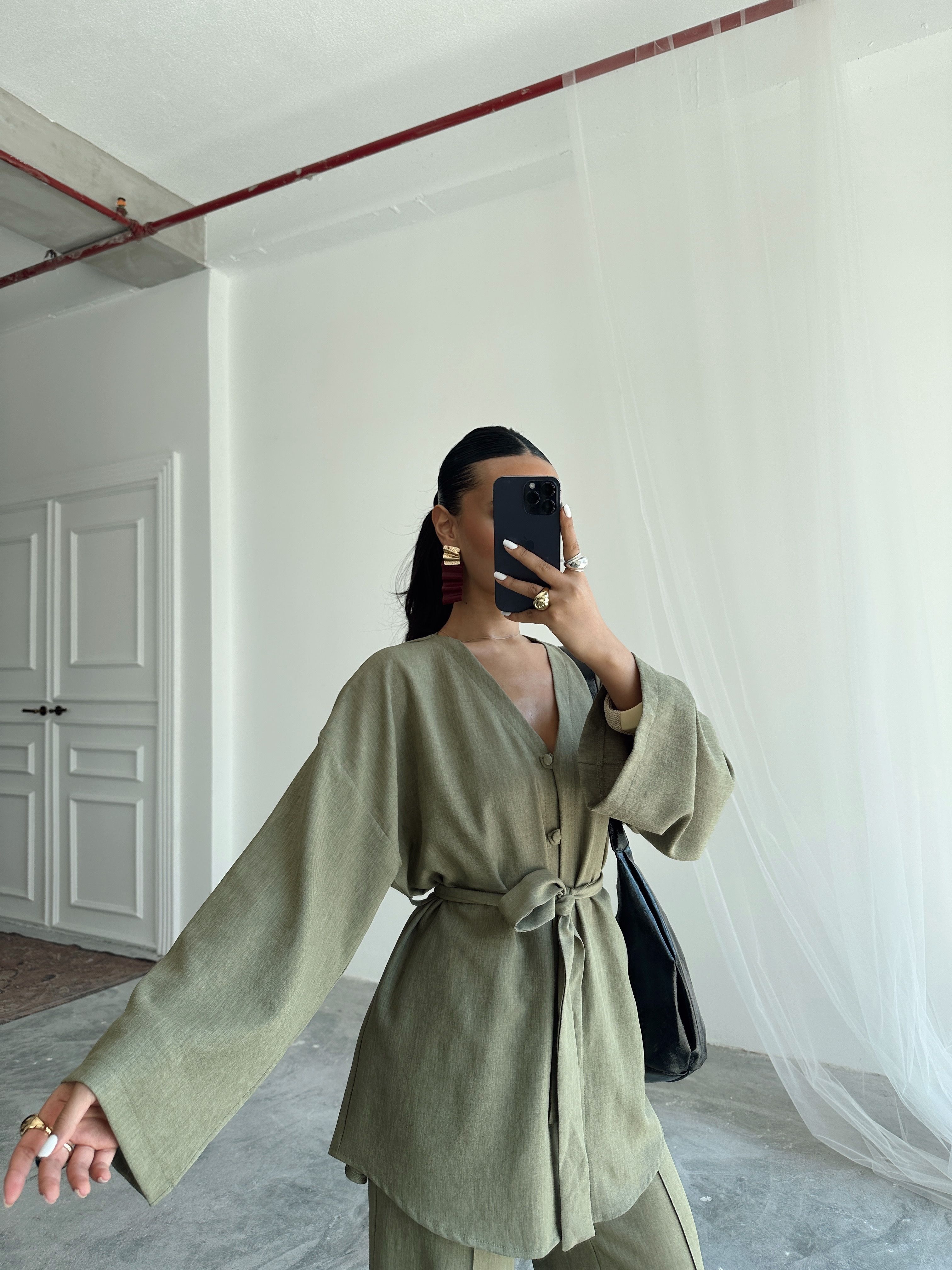 Düğme Detay Kuşaklı Kimono Takım - Haki Yeşil