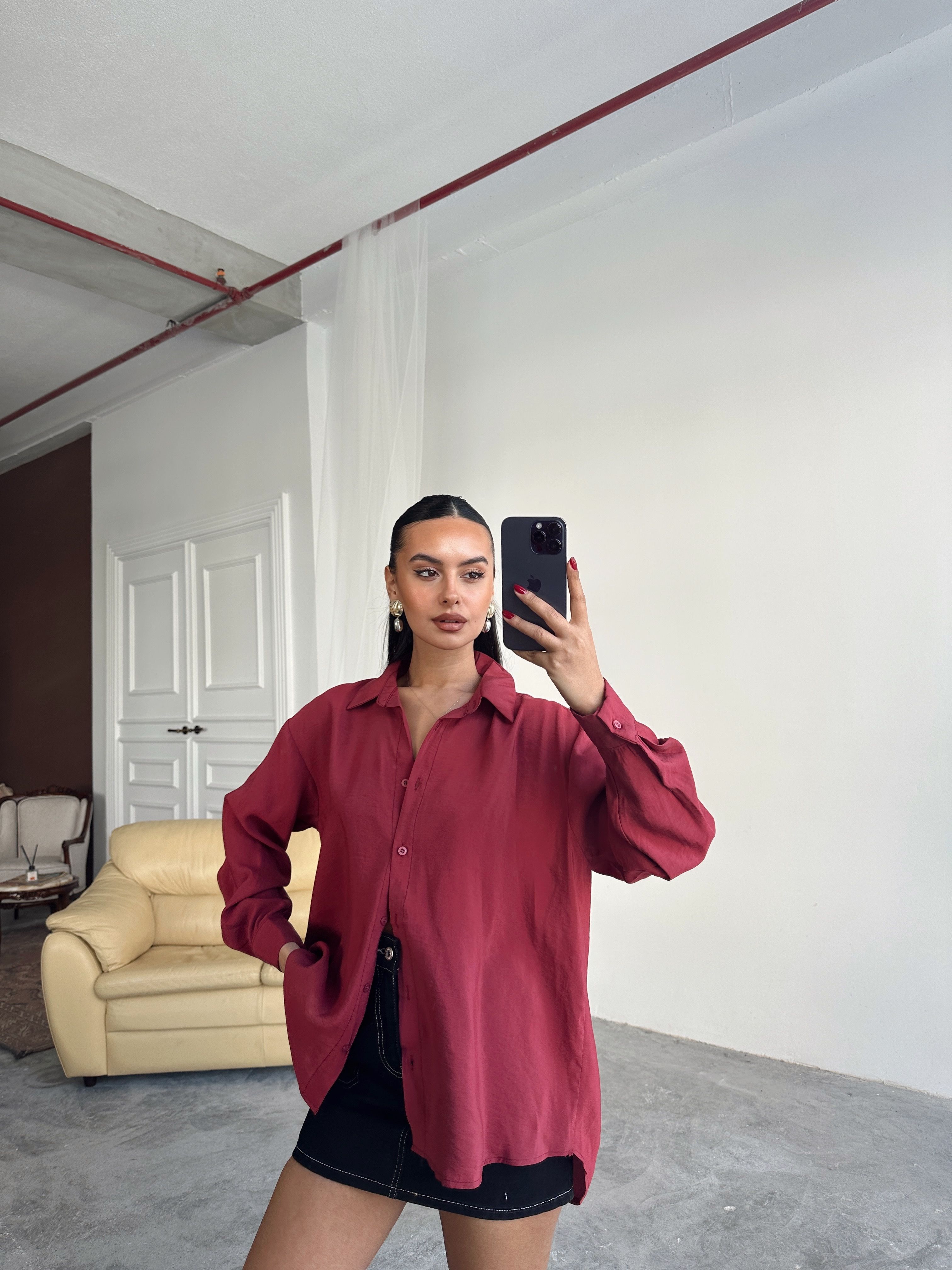 Oversize Modal Gömlek - Bordo