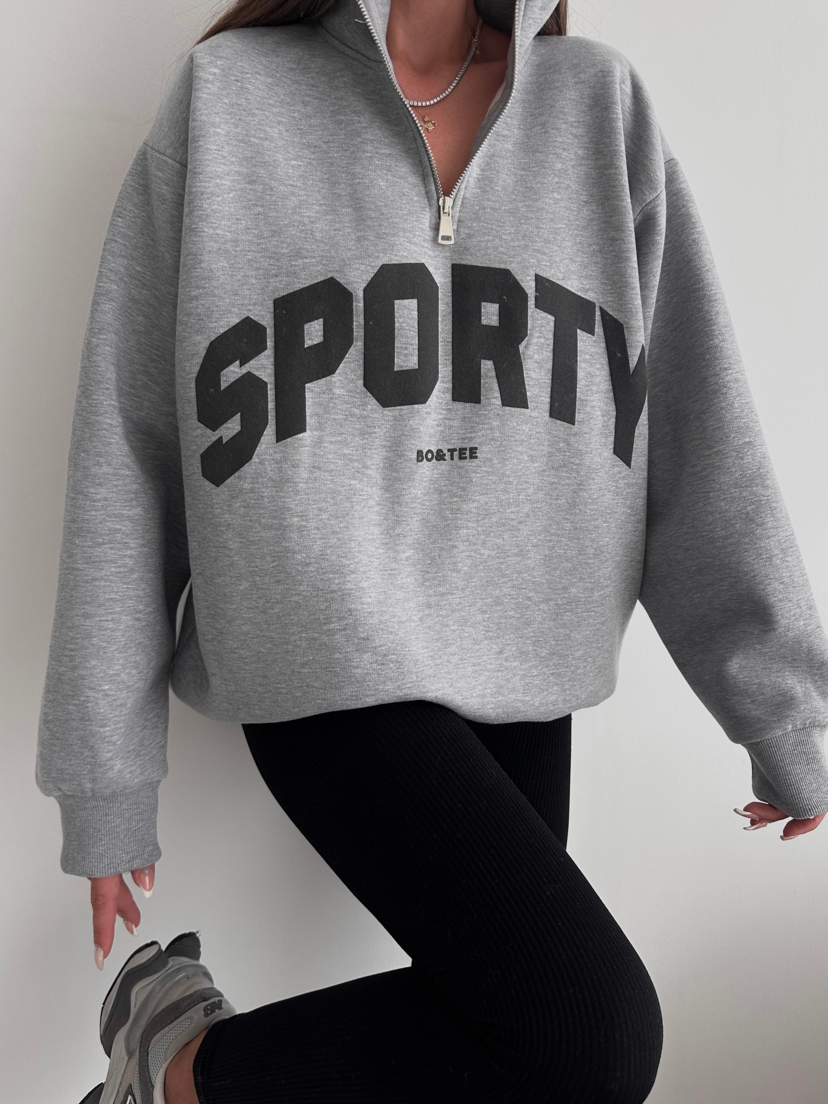 Yarım Fermuar Sporty Sweat Gri Melanj