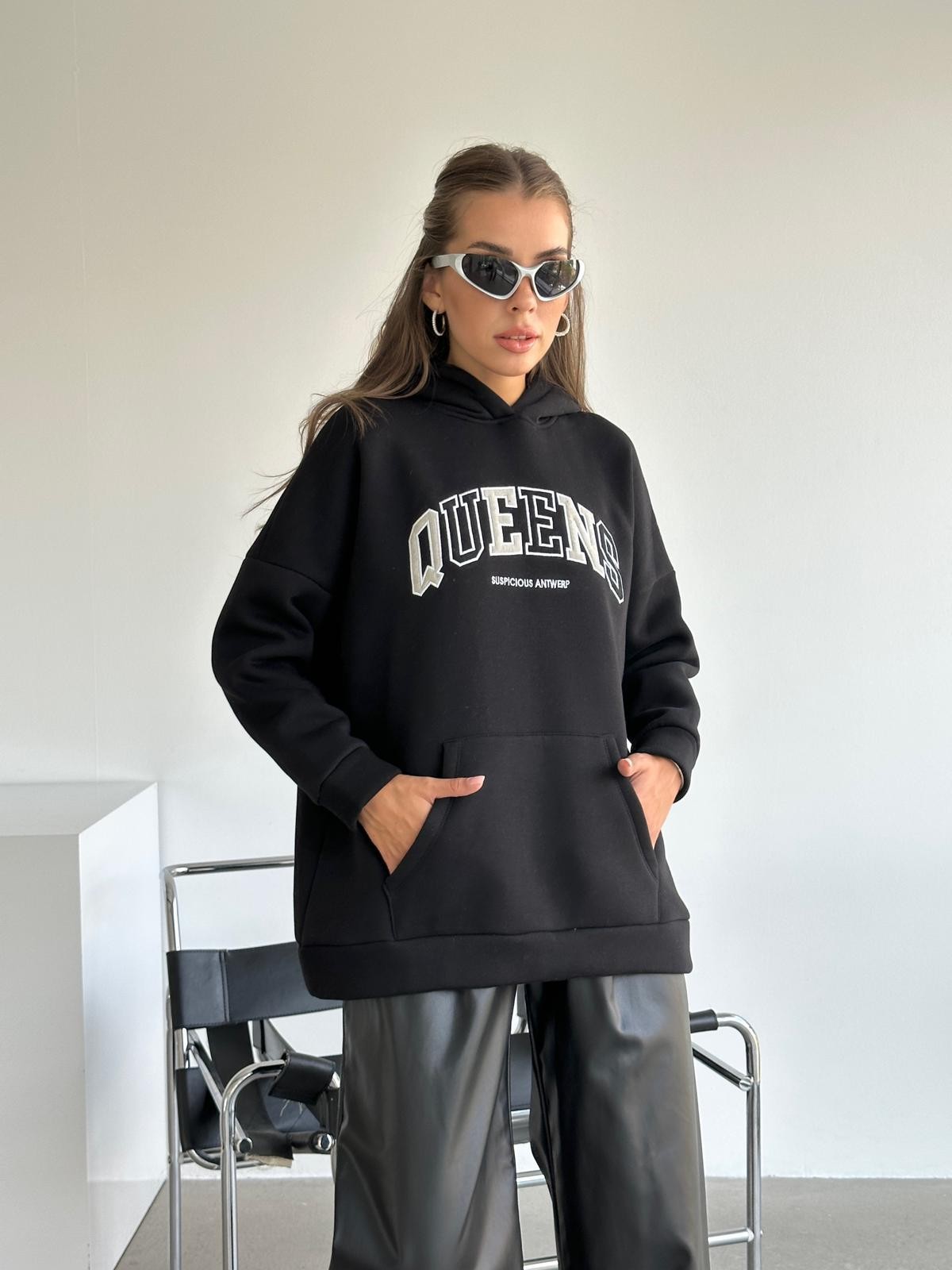 Queens Üç İplik Kapüşonlu Oversize Sweat Siyah