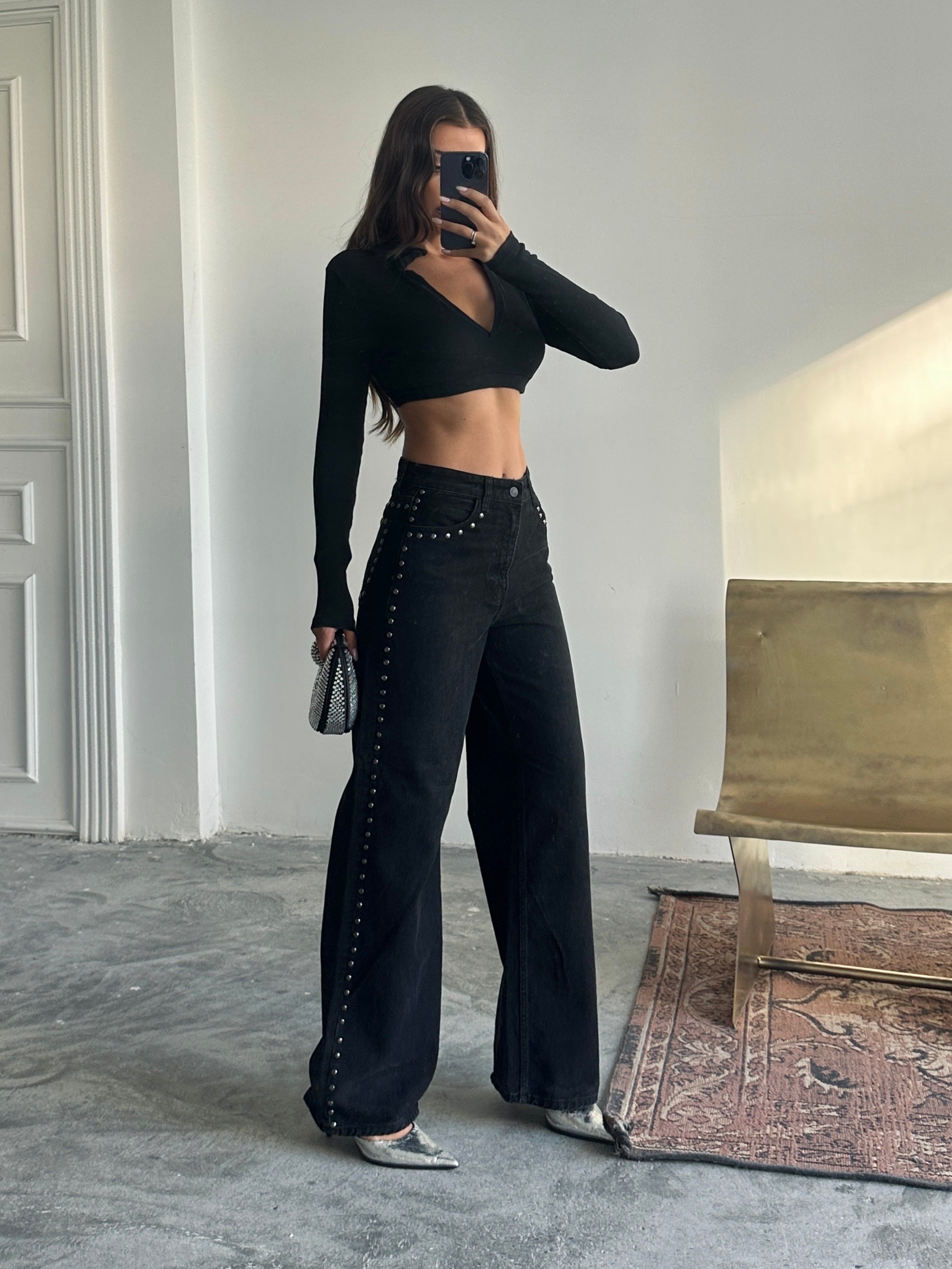 Zımba Detaylı Denim Palazzo  - Siyah