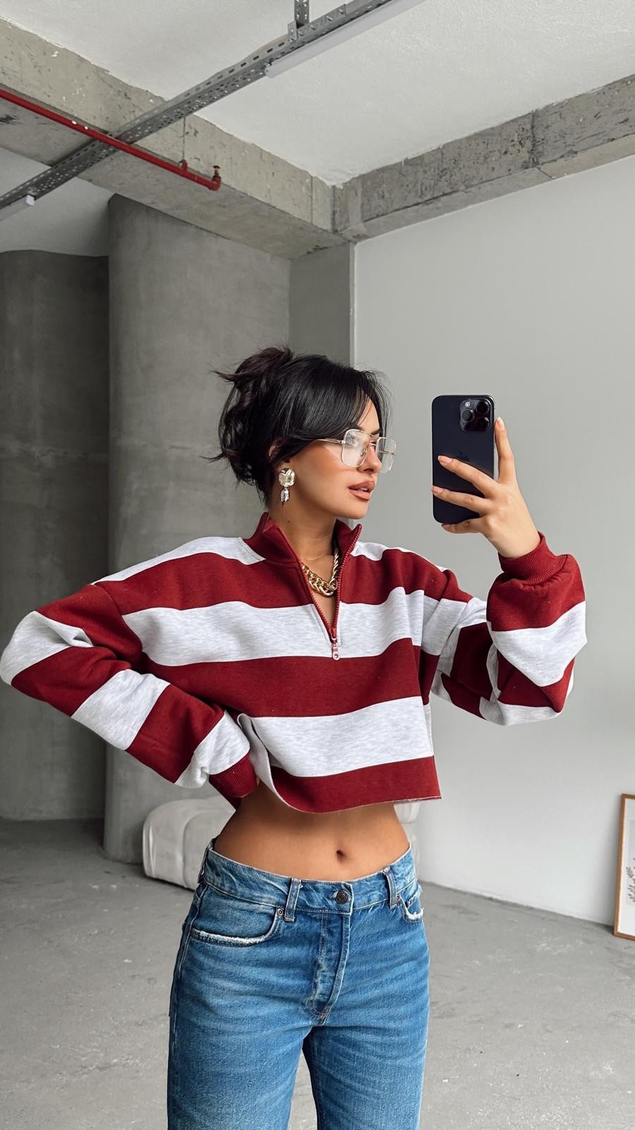 Fermuar Detay Çizgili Crop Sweat Bordo