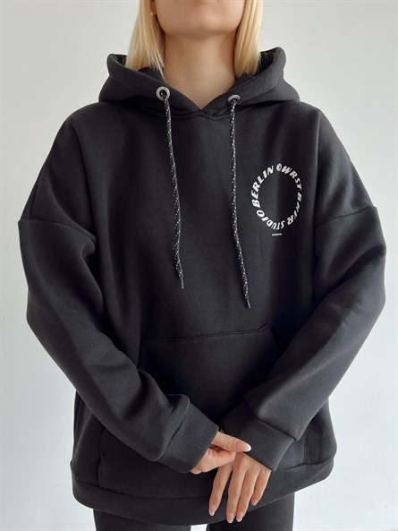 Berlin Sırt Yazı Detay 3 İplik Oversize Sweatshirt Siyah