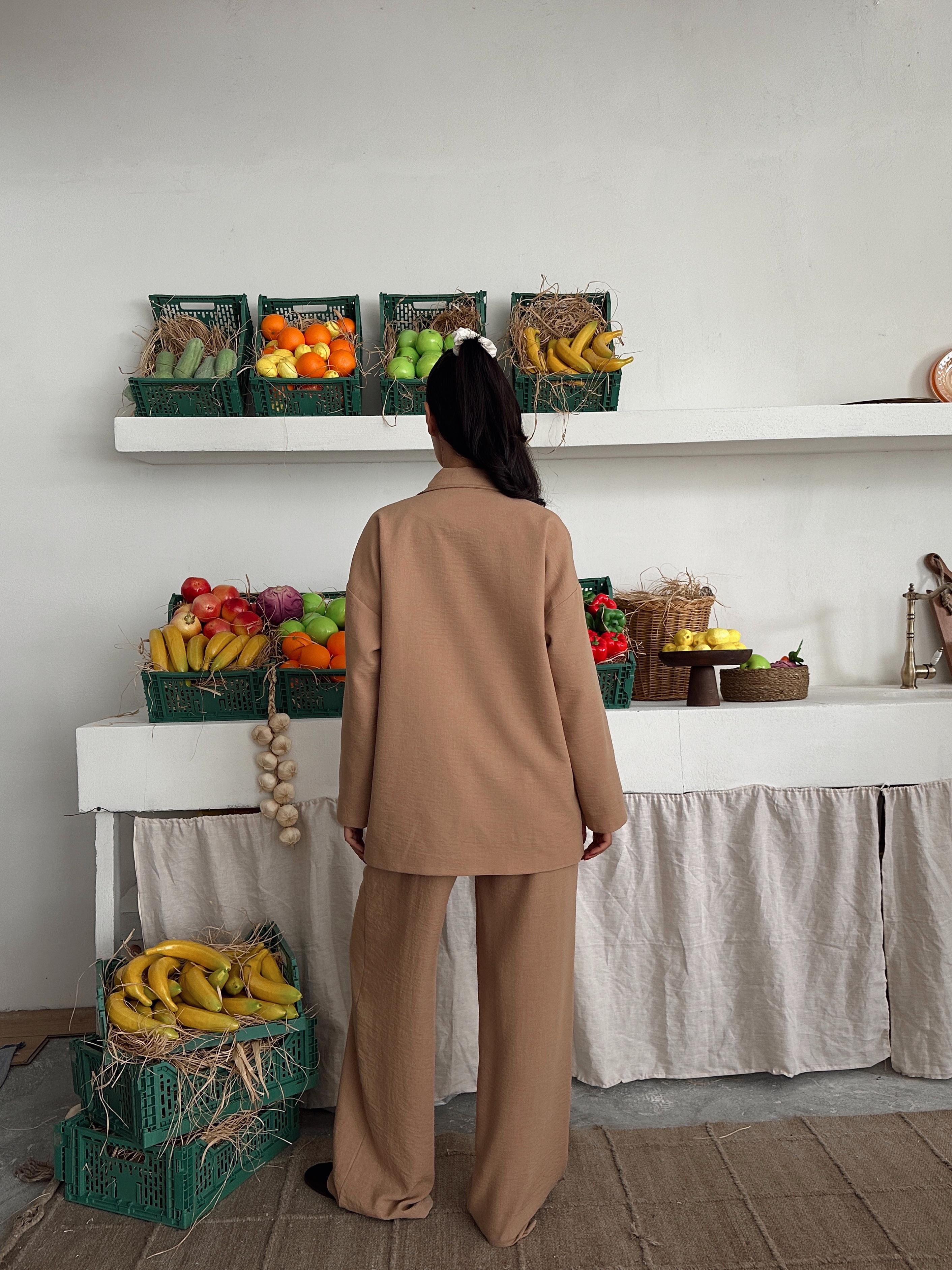 Düğme Detay Ceket Pantolon Keten Takım - Camel