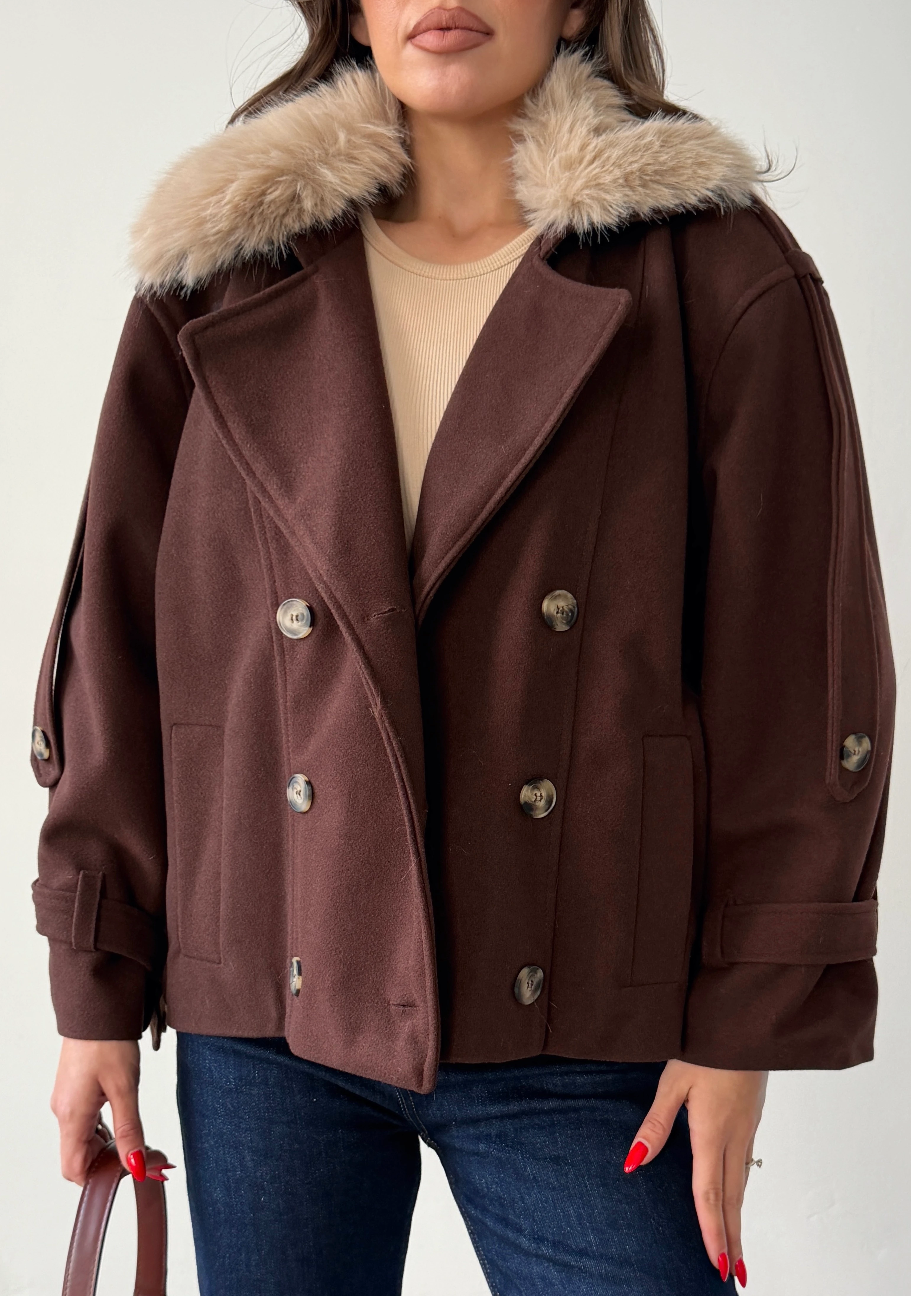 Apolet Detay Kürklü Kaşe Mont  - Kahverengi