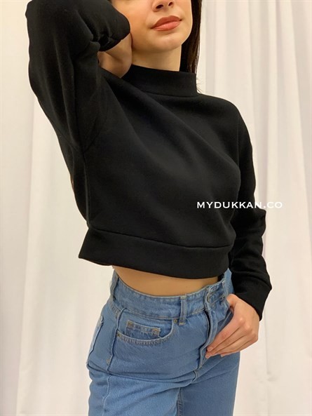 Dik Yaka Crop Sweat Siyah