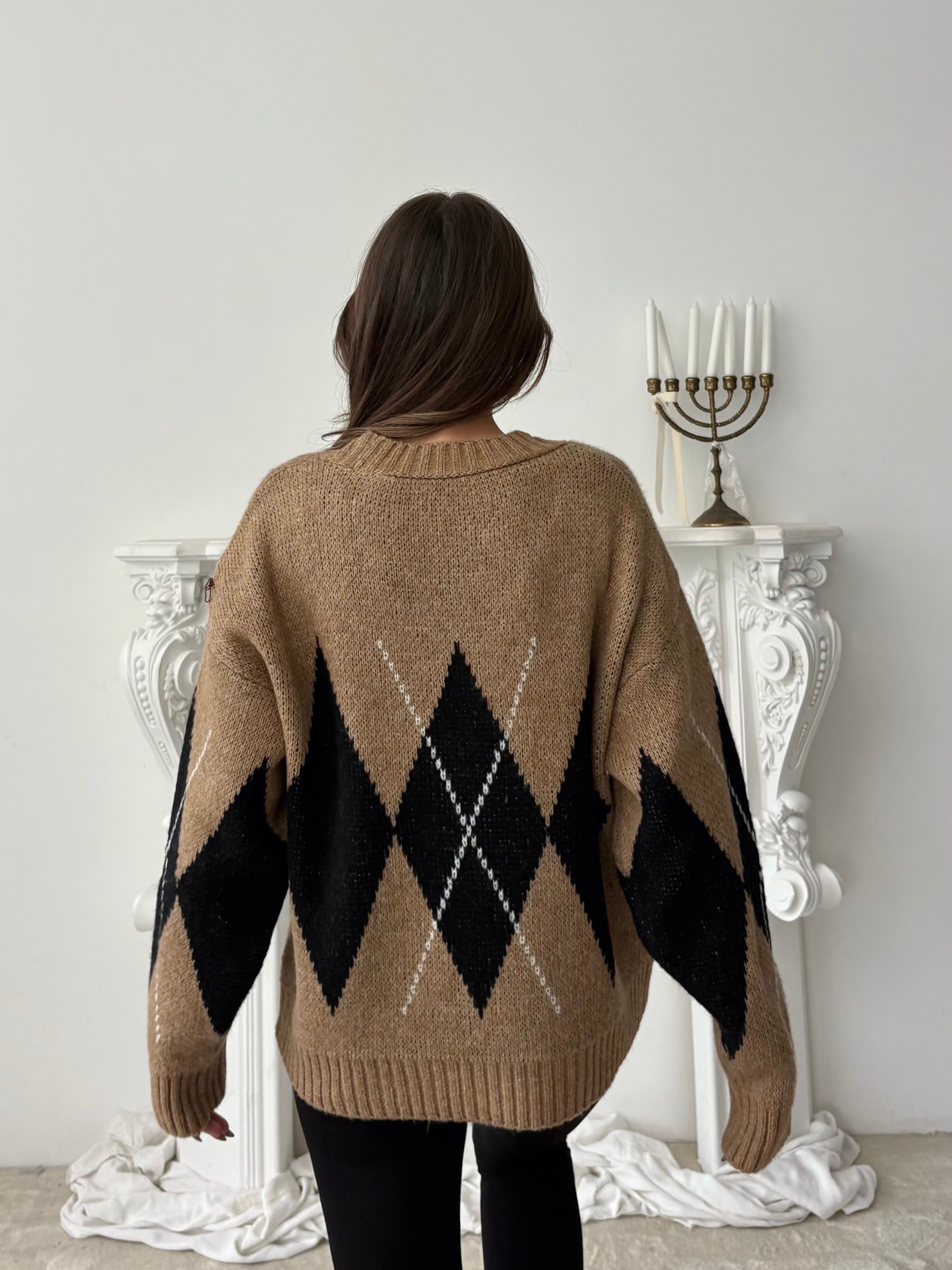 Oversize Baklava Desenli Kazak - Taba