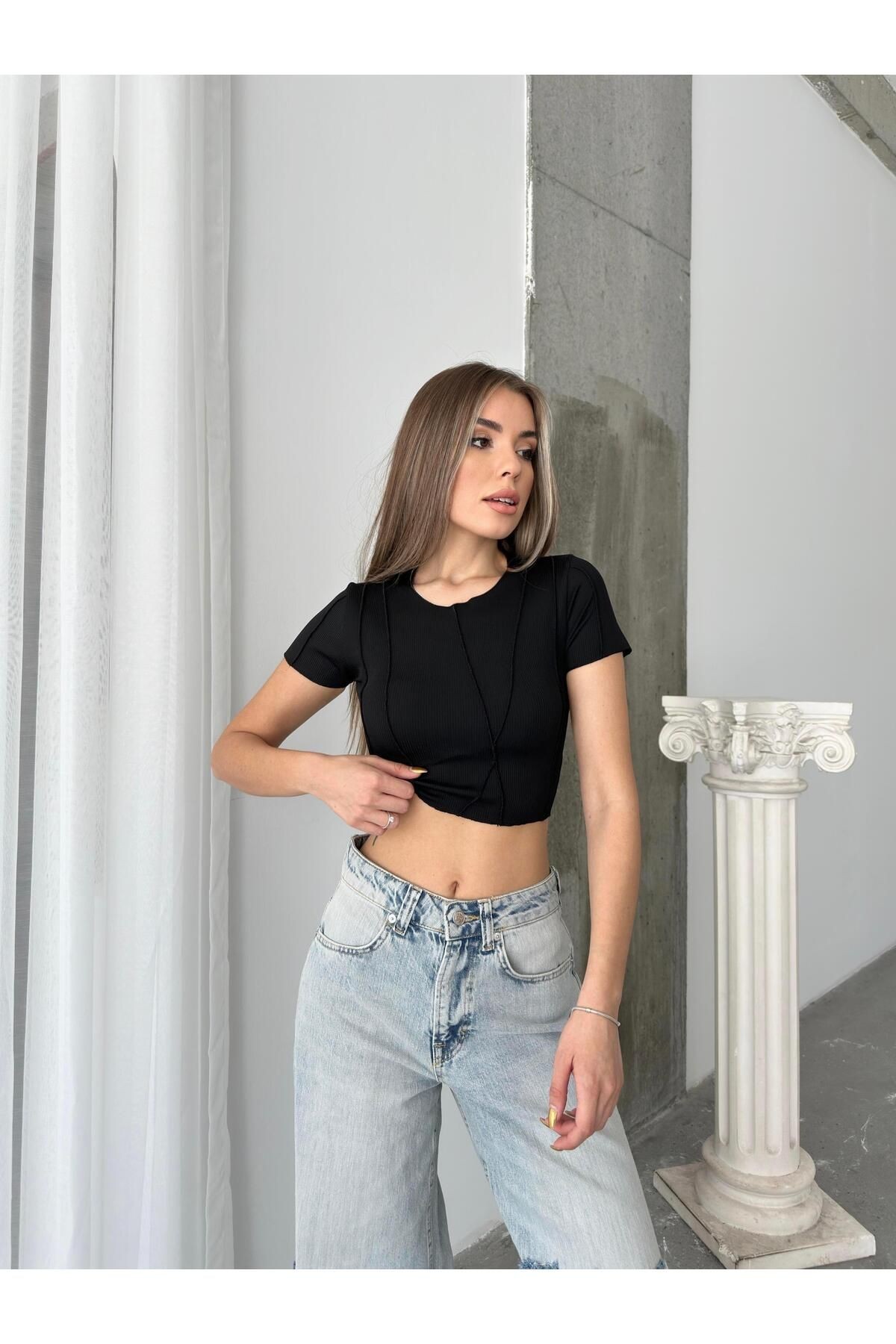 Ters Dikiş Basic Croptop Siyah