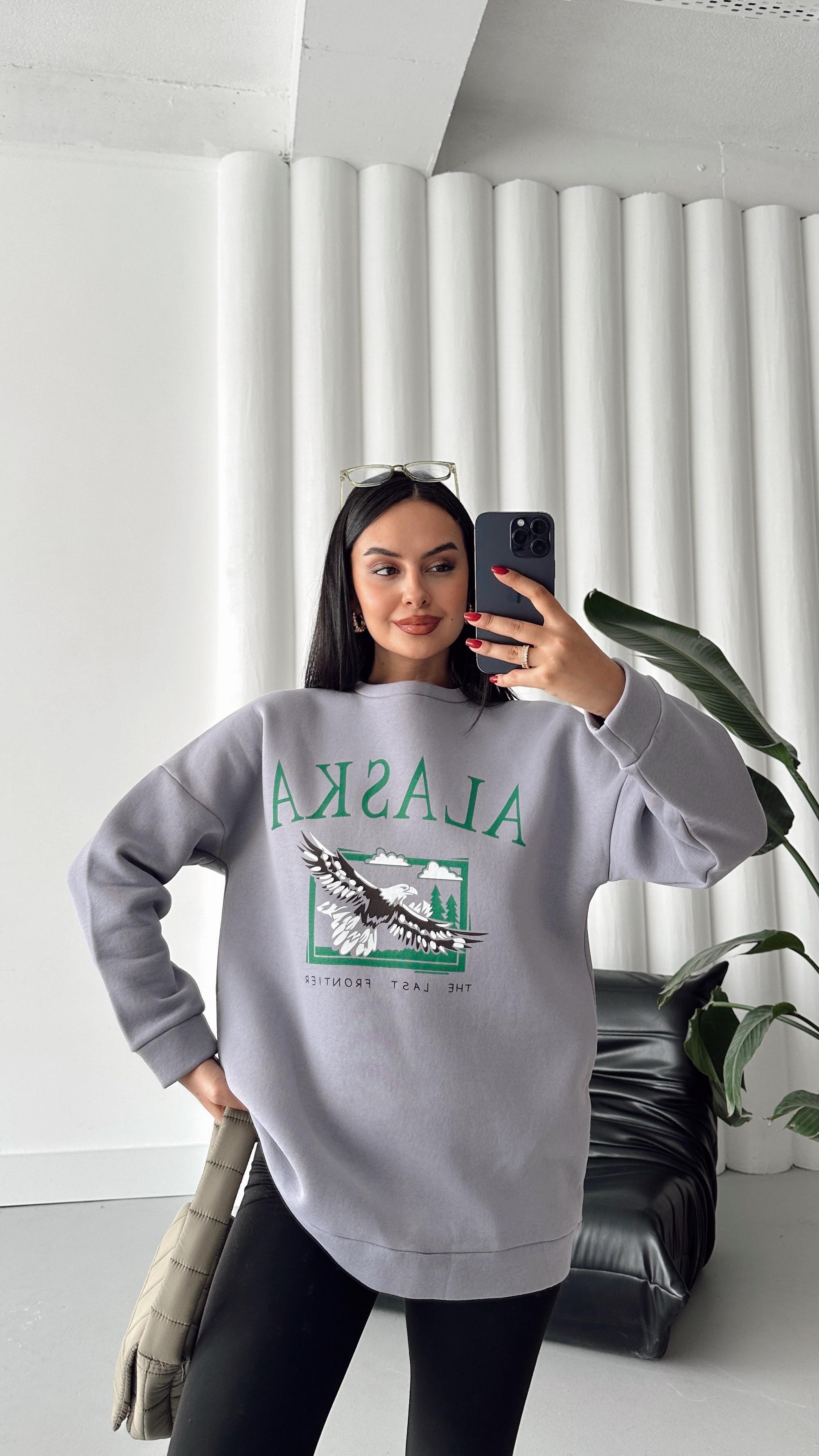 Alaska Üç İplik Şardonlu Oversize Sweat Gri