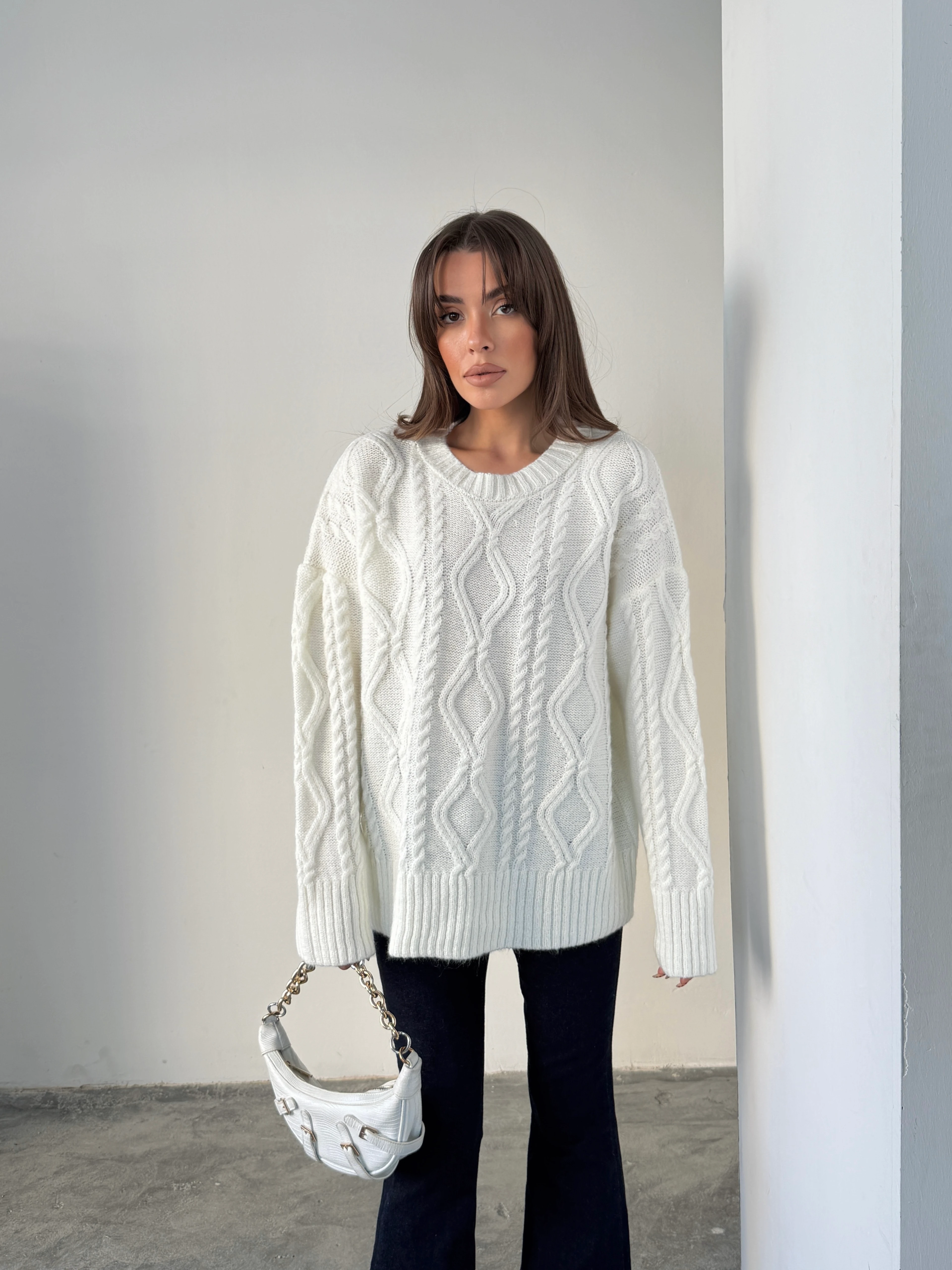 Saç Örgü Desenli Yıkamalı Triko - Ekru