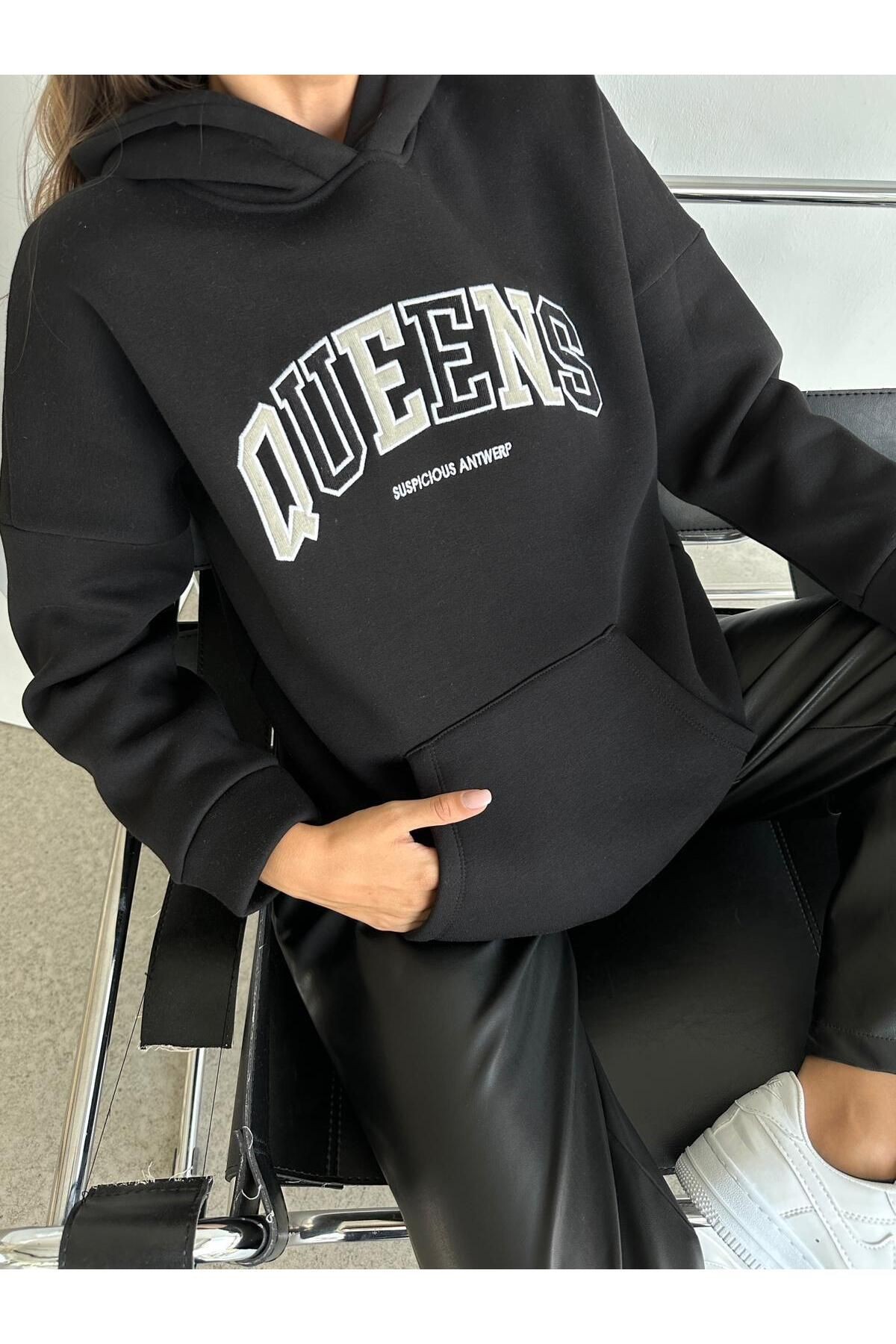 Queens Üç İplik Kapüşonlu Oversize Sweat Siyah