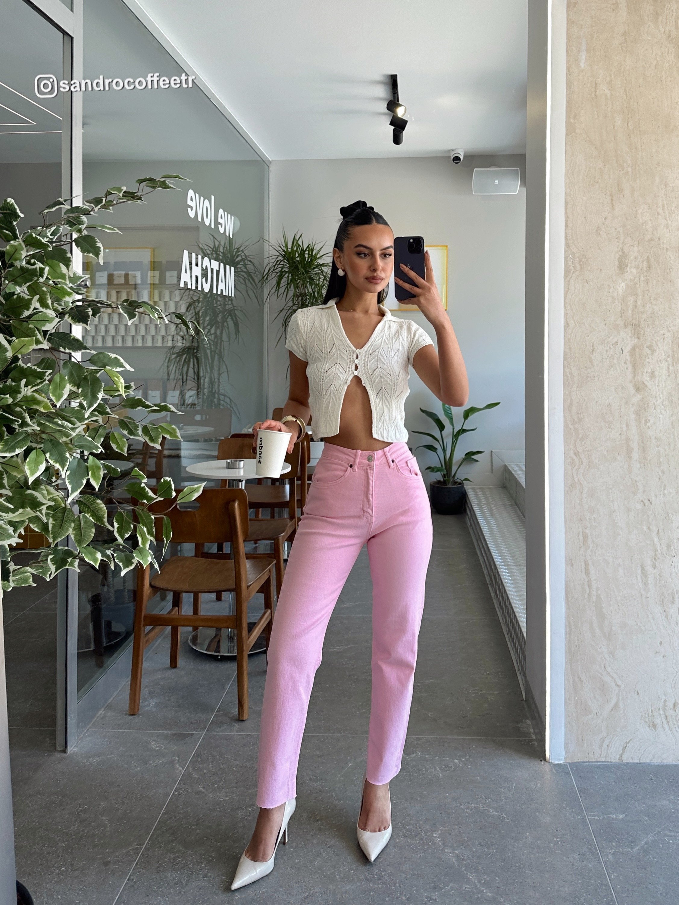 Paça Kesik Renkli Jean  - Pembe