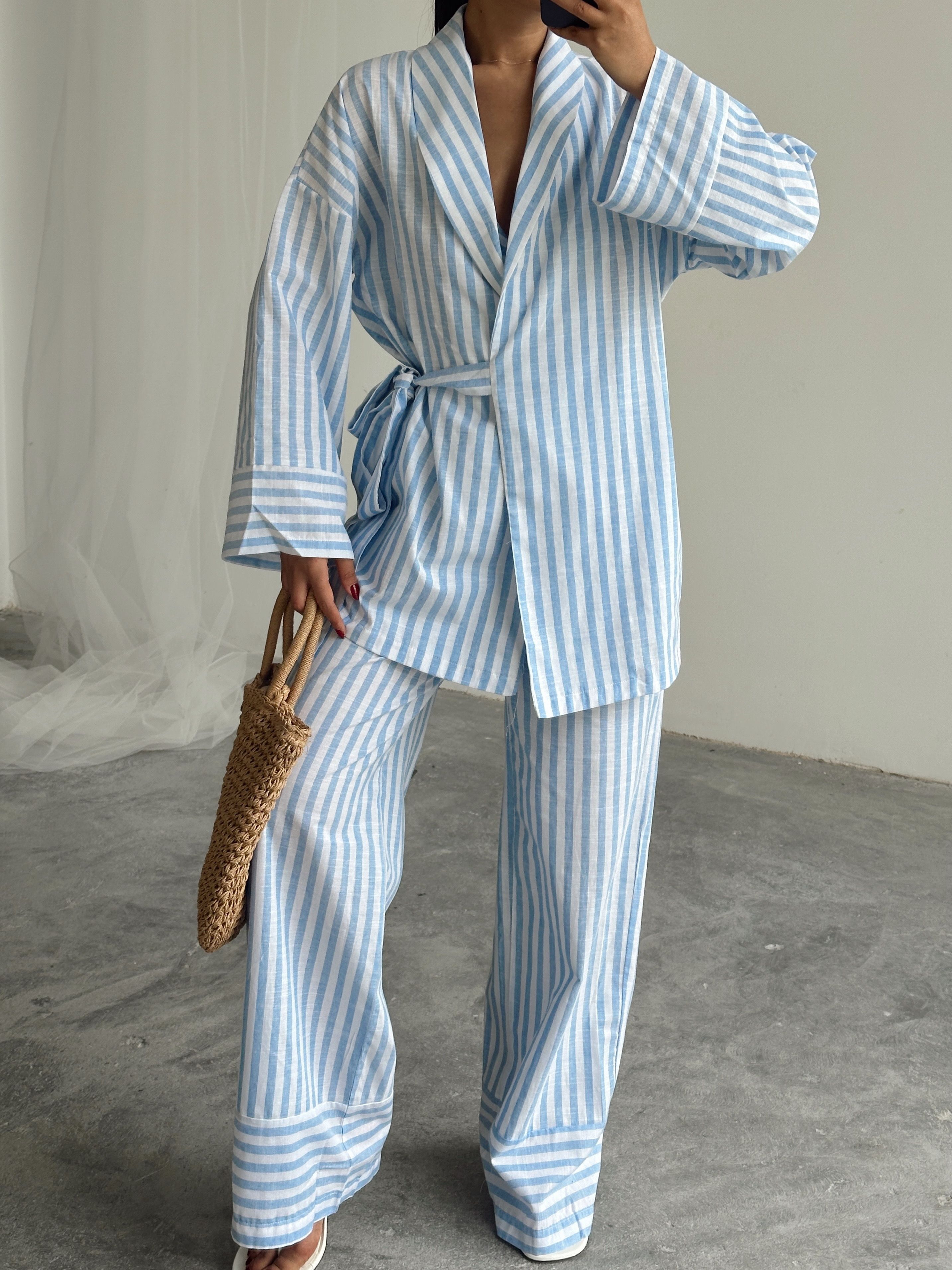 Çizgili Kimono Takım  - Mavi