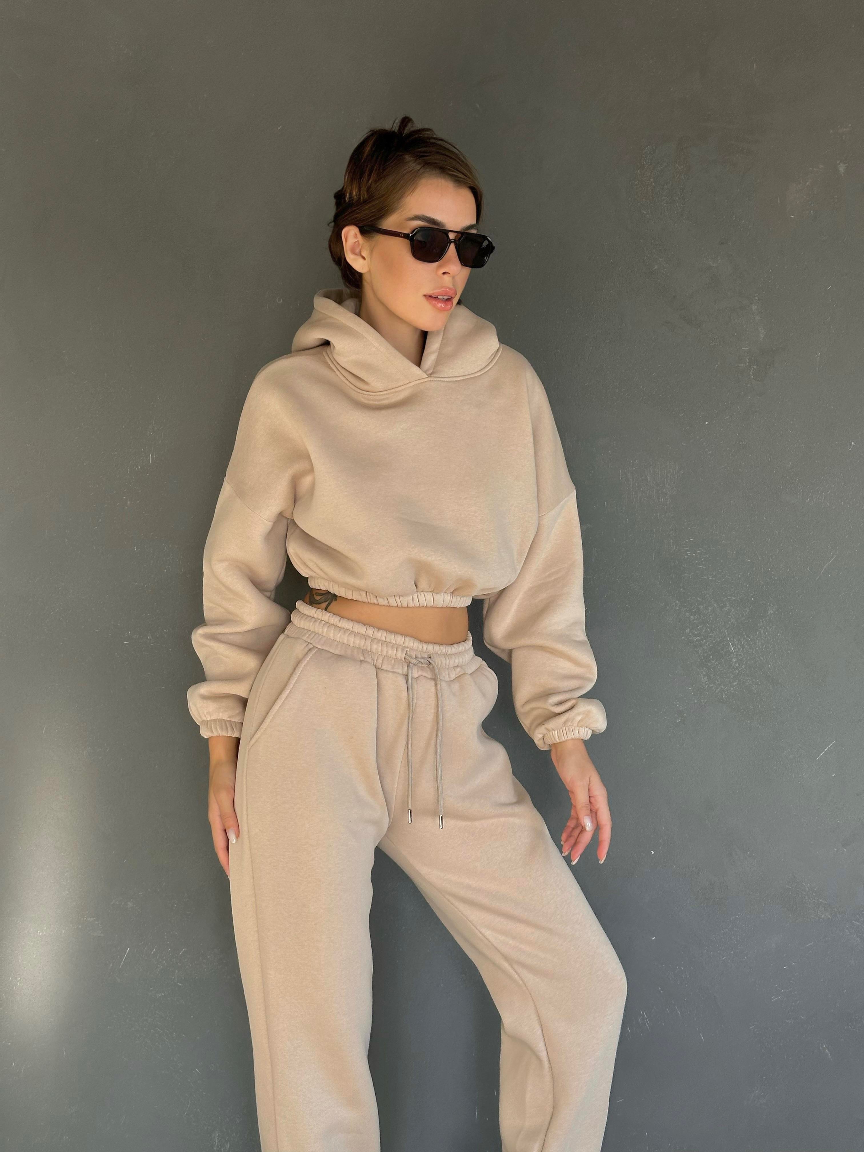 Kapüşonlu Crop Sweat Jogger Eşofman Takım Vizon