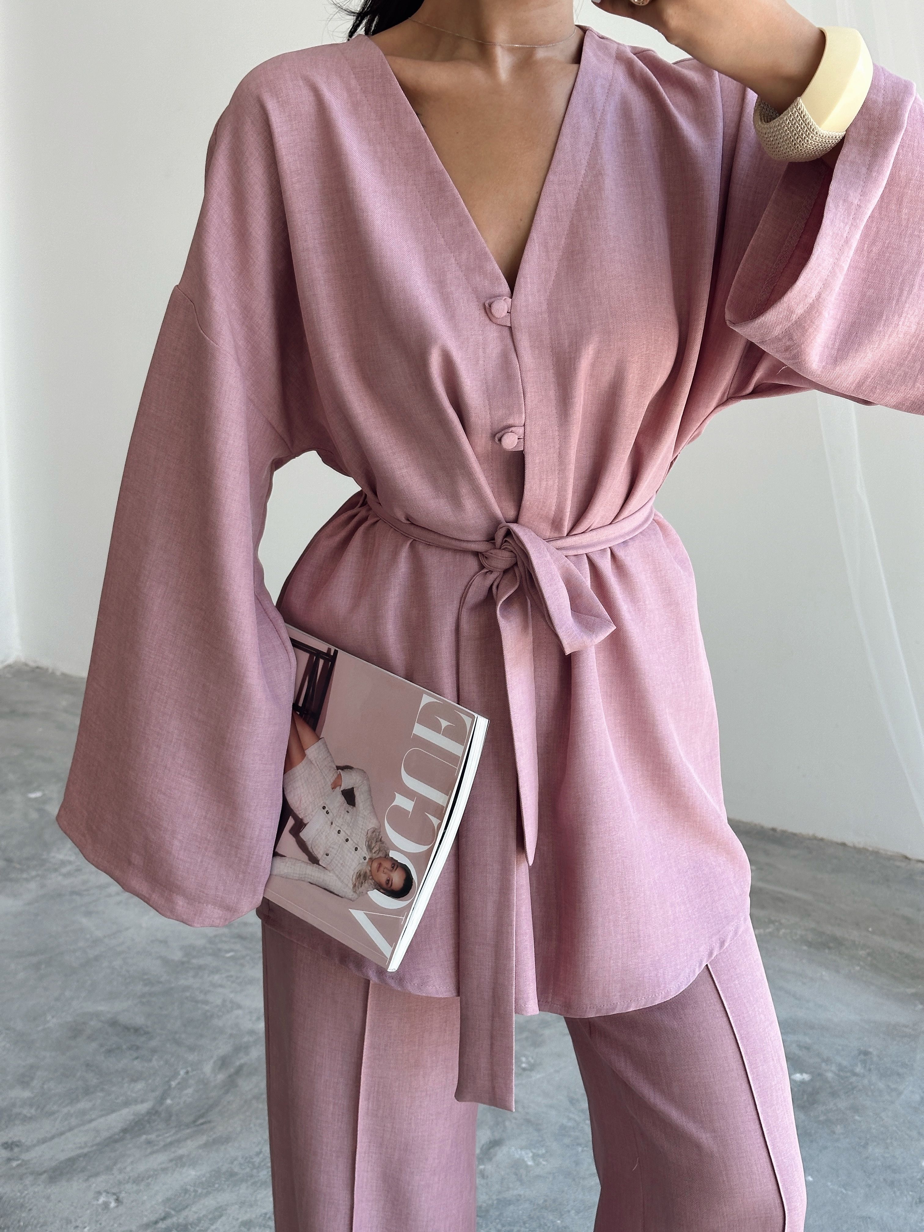 Düğme Detay Kuşaklı Kimono Takım - Pudra Pembe