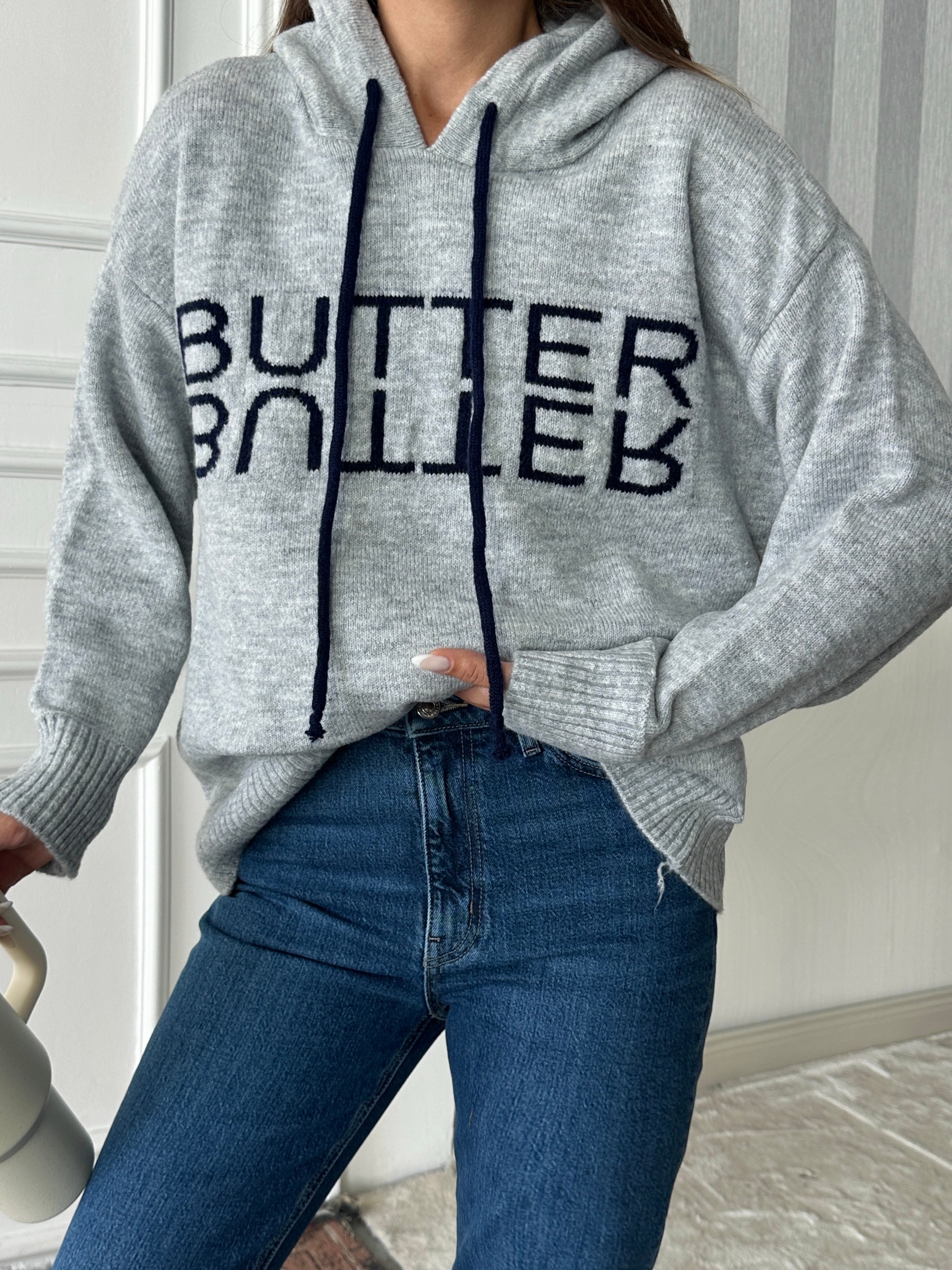 Kapüşonlu Butter Triko - Gri