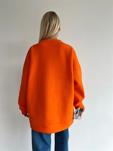 Wellness İşleme Nakışlı Oversize 3 İplik Şardonlu Sweatshirt Turuncu