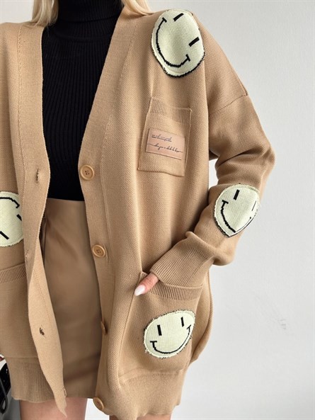Oversize Emoji Triko Hırka Vizon