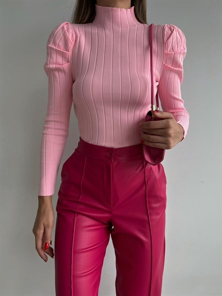 Dik Yaka Balon Kol Fitilli Triko Pembe